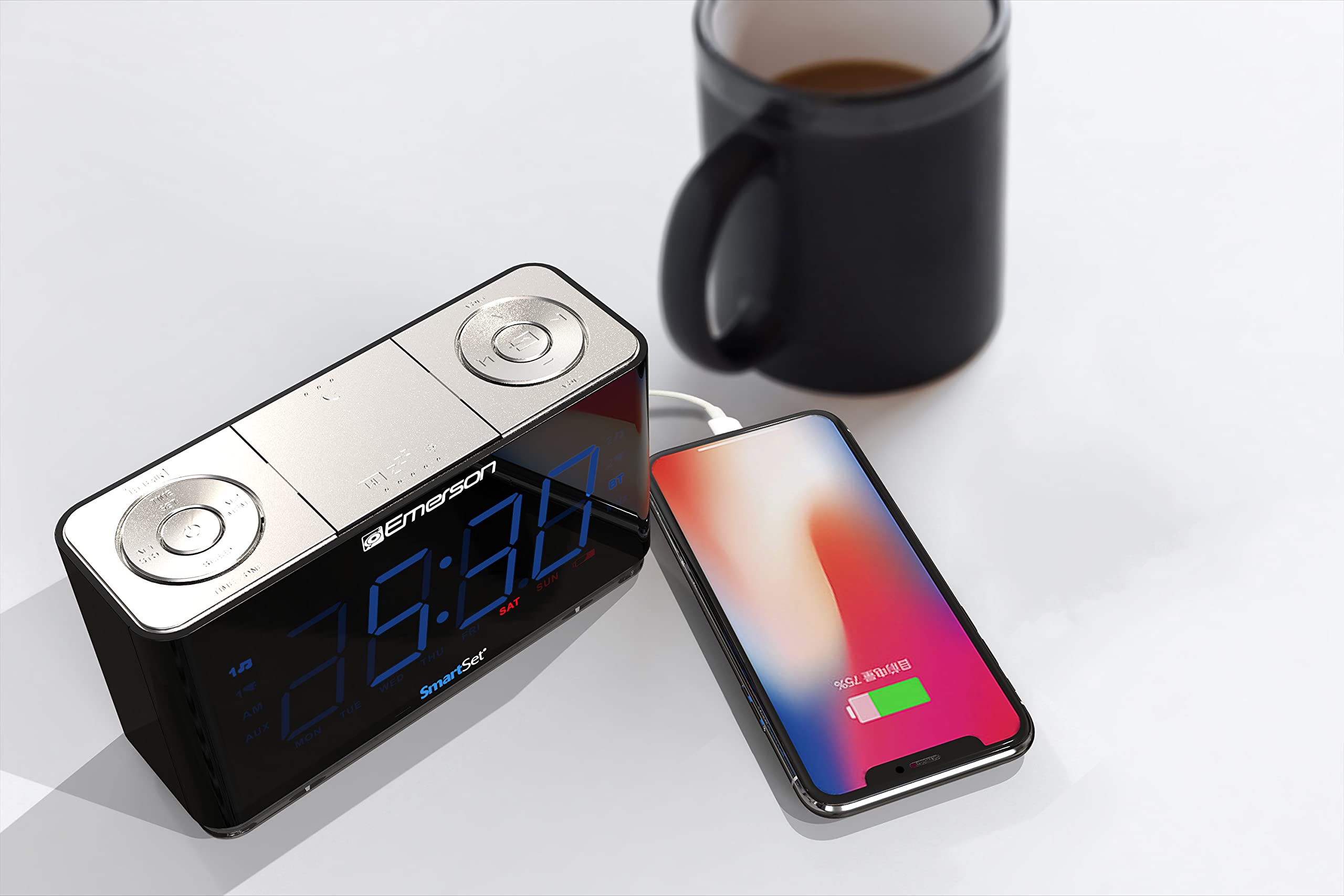 Emerson CKS1507 Smartset Radio Alarm Clock, 1.4" Blue LED Digital Display, USB Charging Port, Brightness Dimmer Controls, Bluetooth Connectivity, Set Alarm to Radio, Music, or Buzzer, Black