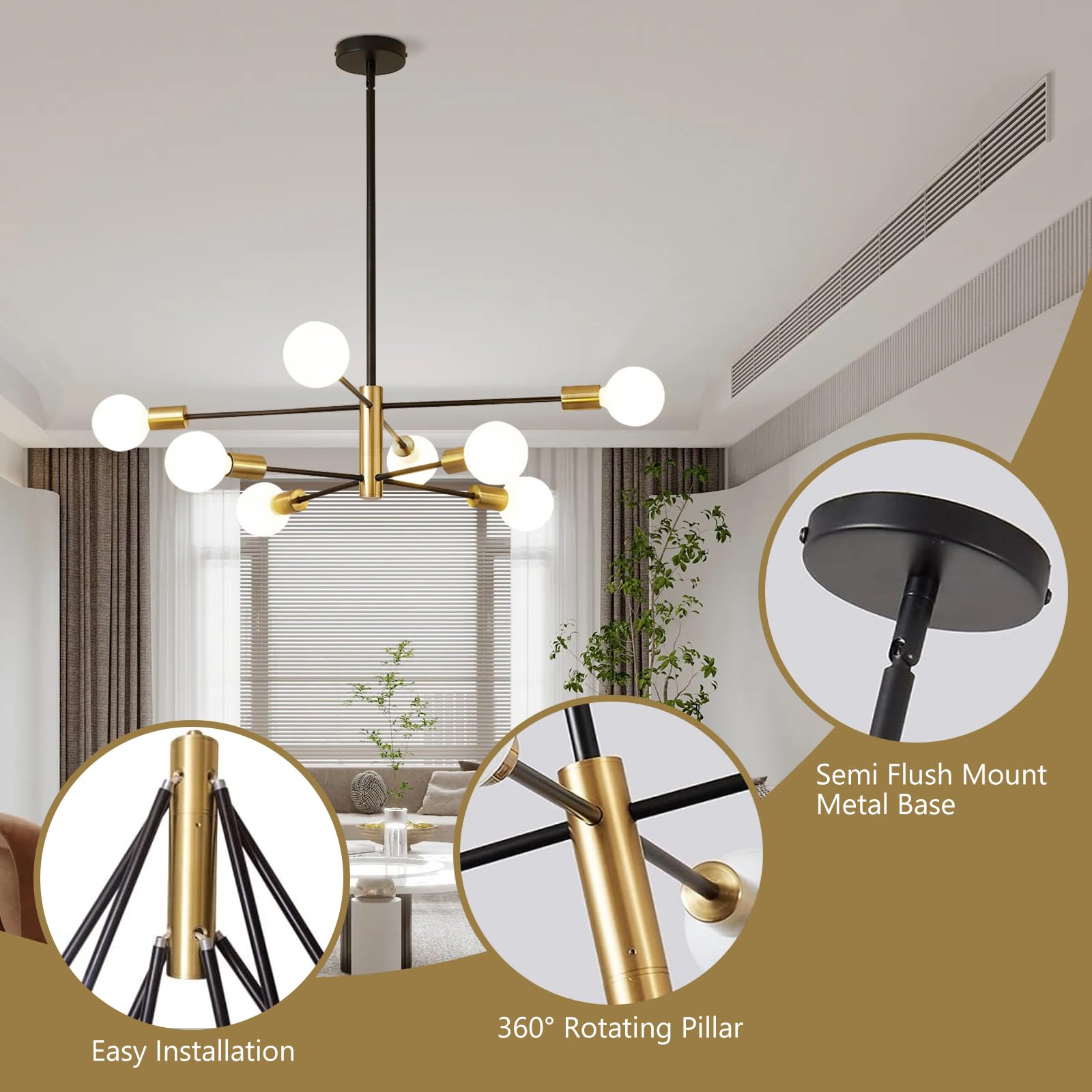 Chandelier, 8-Light Chandeliers for Dining Room, Sputnik Chandeliers with E26 Base, Modern Chandelier for Bedroom, Gold&Black Sputnik Ceiling Light Fixture, Chandelier for Living Room, Bedroom,Kitchen