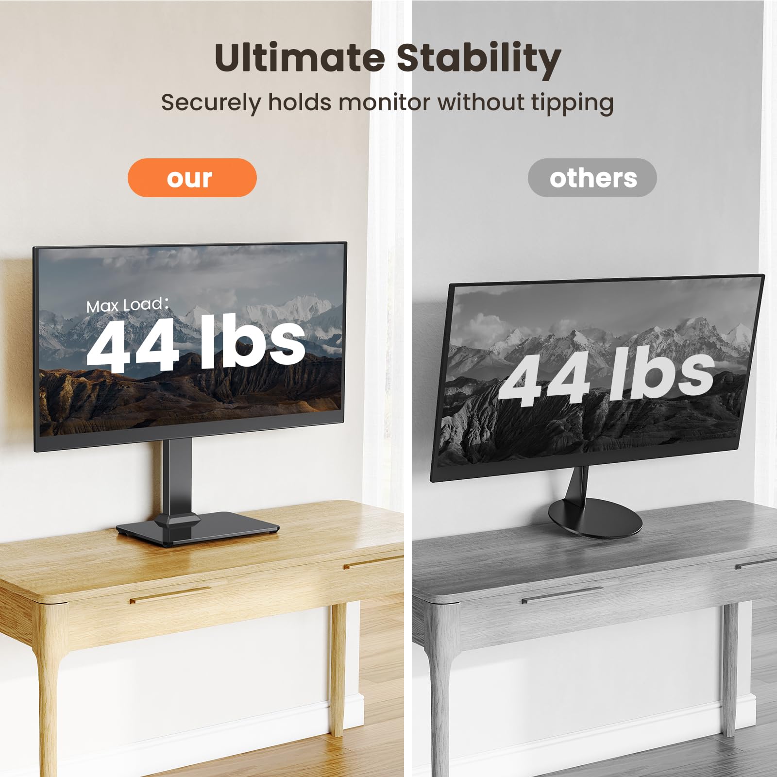 ErGear Single Monitor Stand for 13-34 inch Screens up to 44 lbs, Free-Standing Monitor Riser with 5 Height Settings, Tabletop Monitor Stand with Tempered Glass Base, Max VESA 100x100mm, EGTVS29