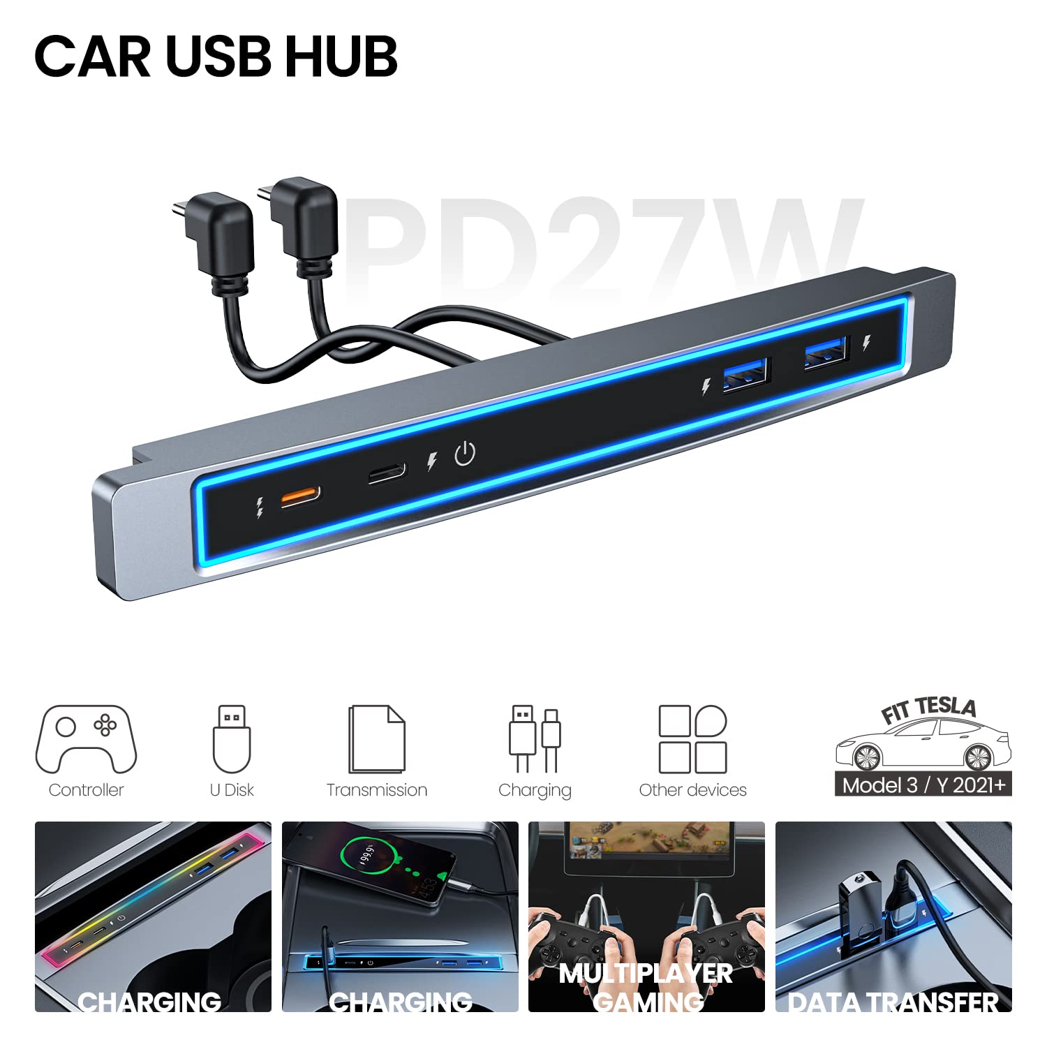 Shareway Tesla USB Hub with Blue Led Light/Voice controll Seven Colors Led Light Compatible Docking Station of Center Console Smart Sensor for Tesla 2021 2022 2023 (Model 3/Y)