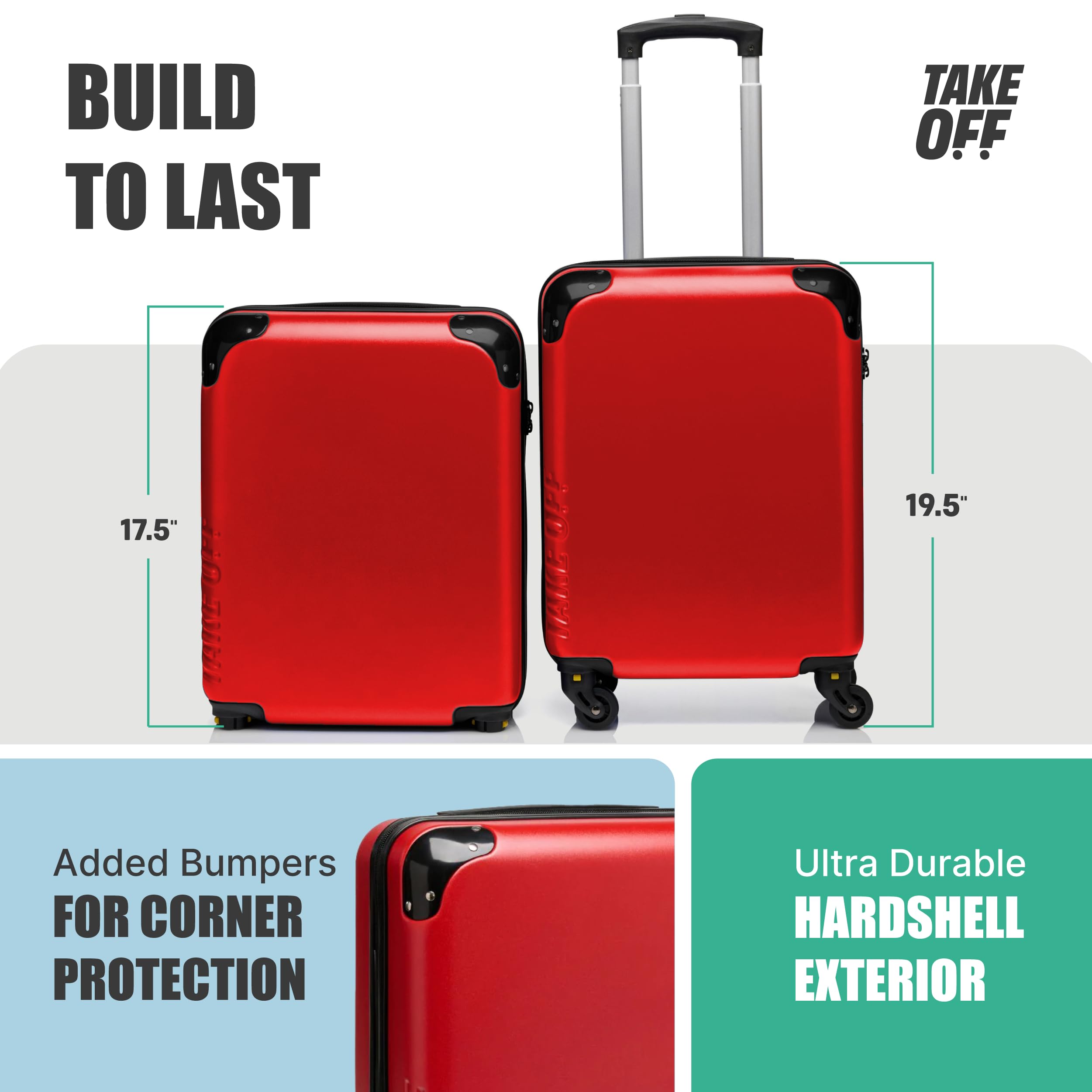 Take OFF Luggage - Personal Item Rolling Suitcase 2.0, TSA Approved, Small Carry On, Under the Seat, Hard Case with Removable Wheels, Light Weight Bag, Airplane Travel Essential Accessories, 18x14x8