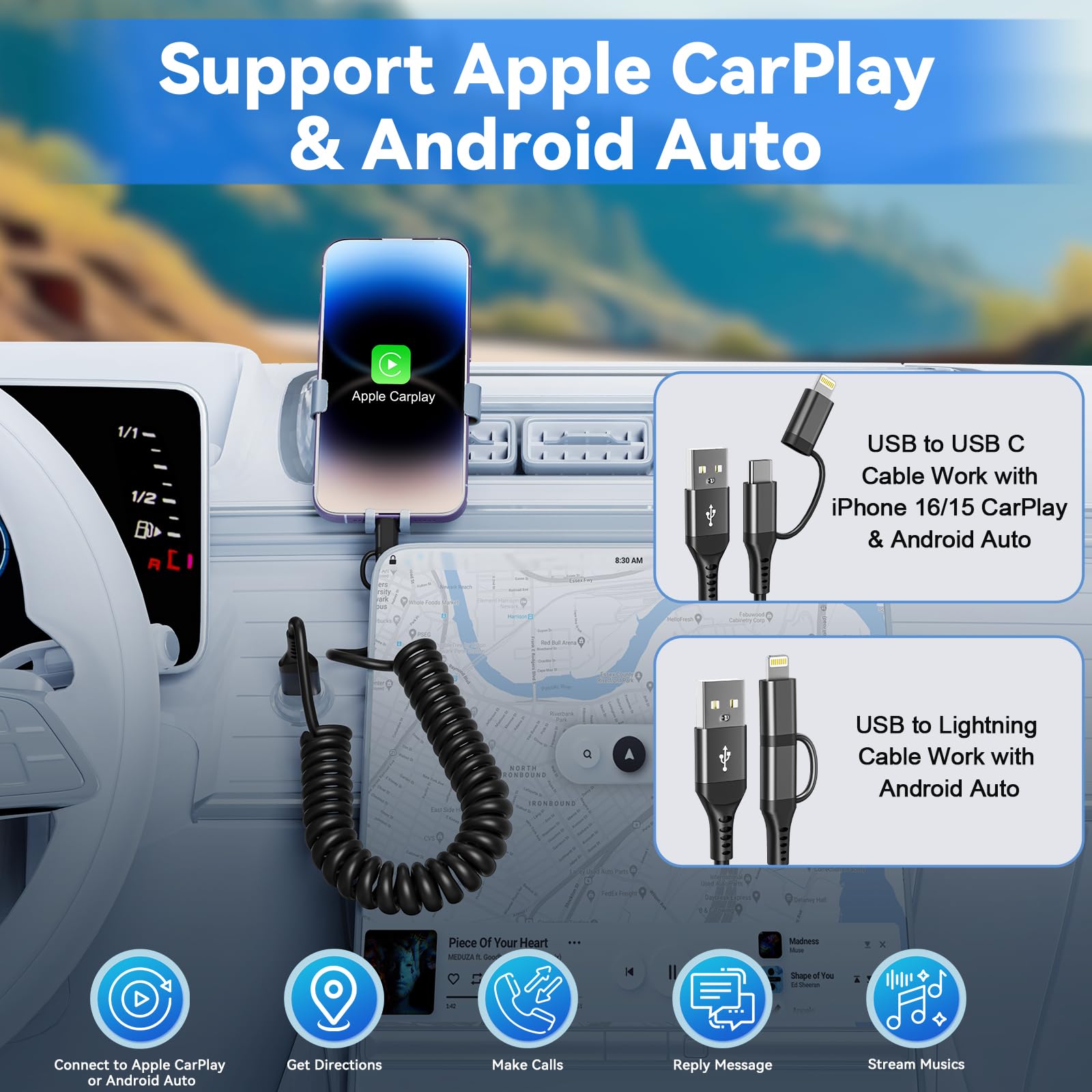 USB to USB-C and Lightning Cable, 2 in 1 Coiled iPhone Charger Cable Apple Carplay & Android Auto, [3A Fast Charge & Data Sync] Lightning and USB C Cable Cord Combo for iPhone 16/15/14/13/iPad/Android