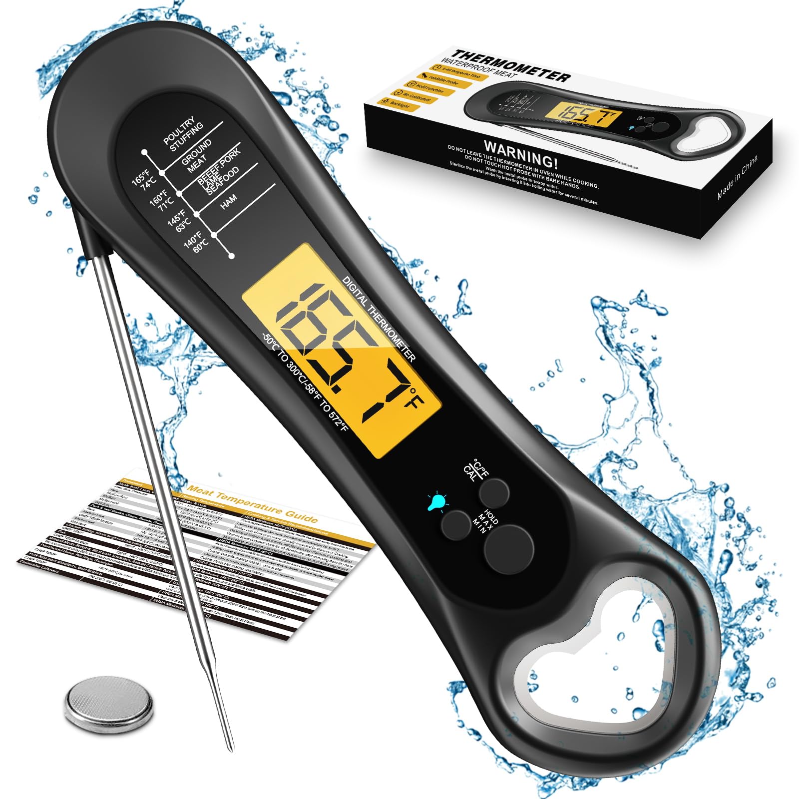 Biison Digital Meat Thermometer for Cooking, Wireless, Instant Read, Waterproof, Backlight, Ultra-Fast Accurate & 180°Foldaway Probe, Idea for Turkey/Grilling