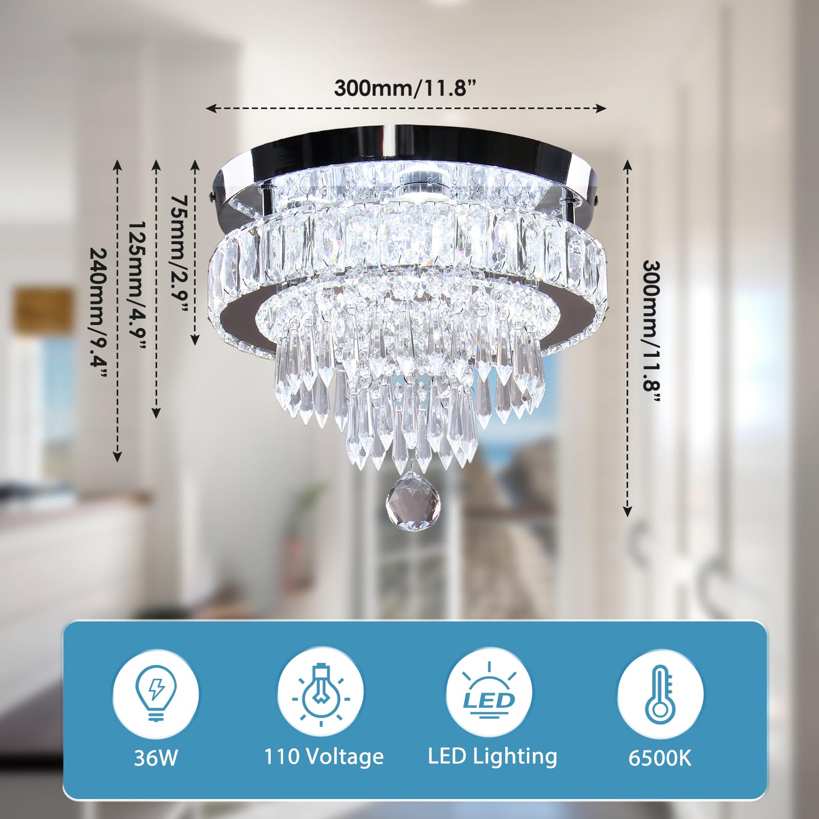 Cainjiazh Chandelier 11.8" Modern Crystal Chandeliers Crystal Light Fixtures Flush Mount Chandelier Ceiling Light Chandeliers for Bedrooms Living Room Dining Room Hallway (Cool White)