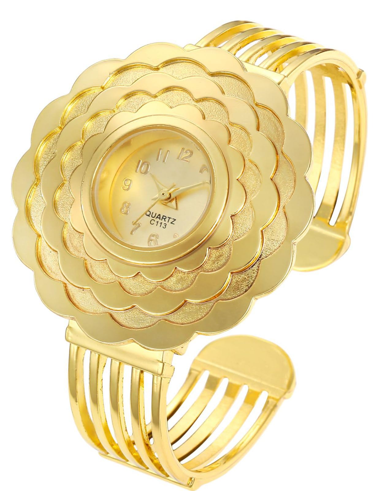 BESTKANG Womens Luxury Watch Flower Shape Cuff Bracelet Analog Quartz Wrist Watch Fashion Casual Watches for Women (Gold)