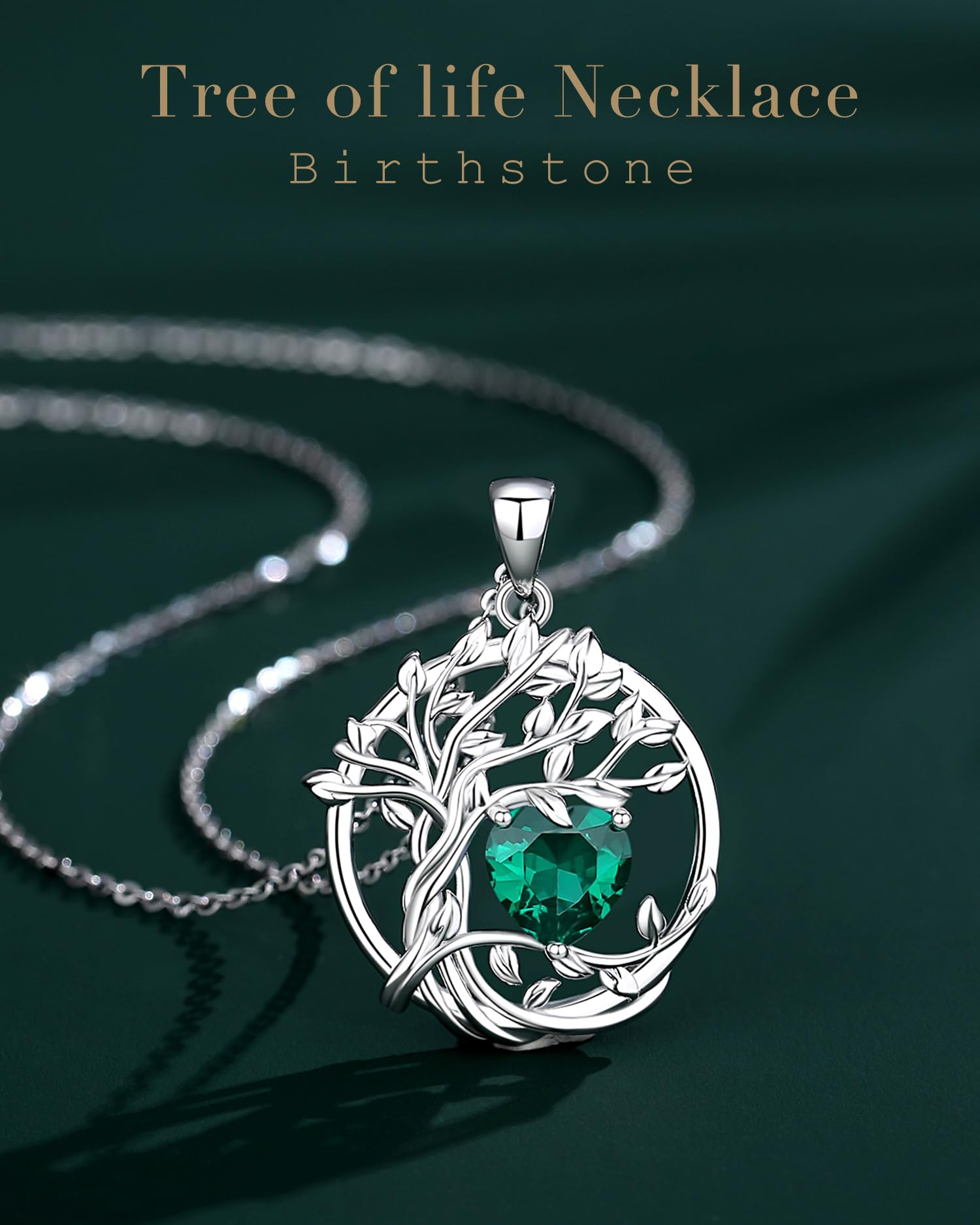 FANCIME Tree of life Birthstone Necklace for Women Sterling Silver Tree Jewelry Emerald Pendant May Birthday Green Gemstone Anniversary Christmas Gifts for Girlfriend Wife Mom Her