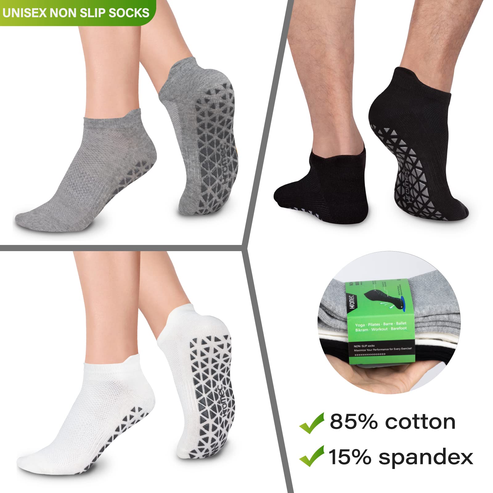 Non Slip Yoga Socks with Grips for Pilates, Ballet, Barre, Barefoot,Bikram,Hospital Anti Skid Socks for Women and Men