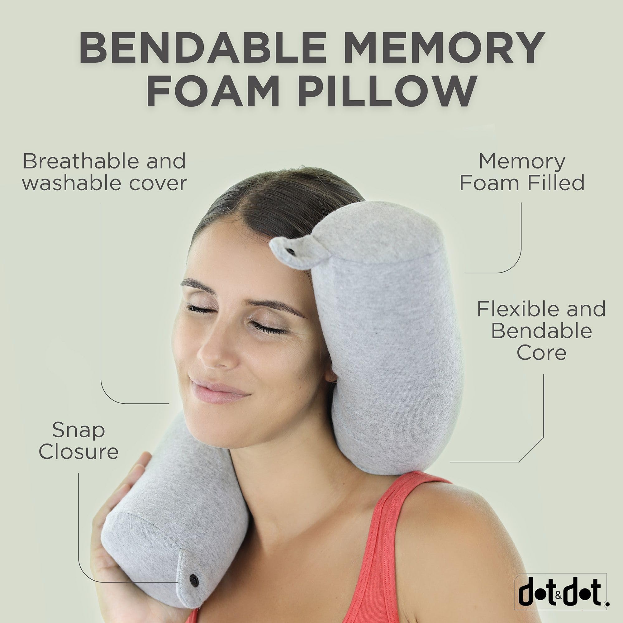 Dot&Dot Twist Memory Foam Travel Pillow for Airplanes - Travel Neck Pillow for Sleeping - Airplane Pillow for Neck Support, Chin, Lumbar and Leg - Adjustable, Bendable Neck Roll Pillow