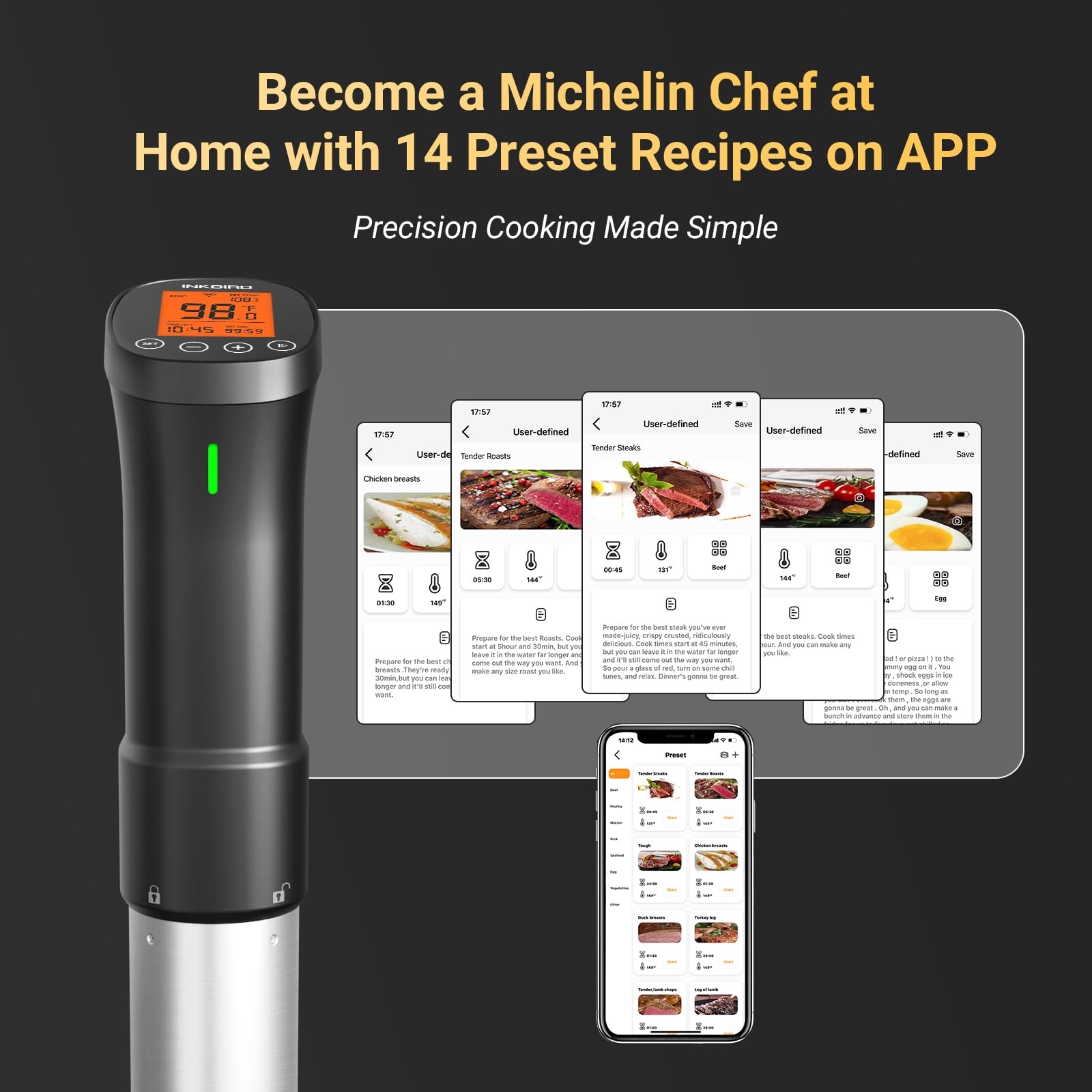 2.4G WIFI Sous Vide Cooker INKBIRD Sous Vide Machine with APP Control, 1000 Watts Immersion Circulator with APP Recipes Timer Alarm Mobile Notification, 3D Water Fast Heating Ultra-Quiet