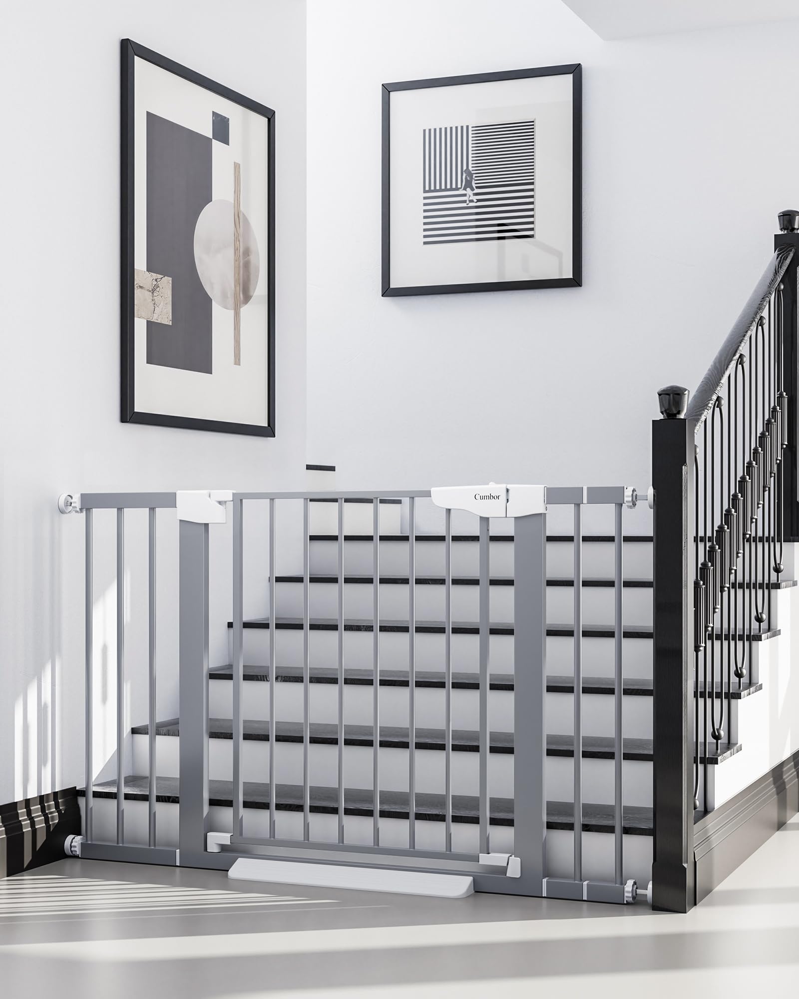 Cumbor 29.7-46" Baby Gate for Stairs, Mom's Choice Awards Winner-Auto Close Dog Gate for The House, Easy Install Pressure Mounted Pet Gates for Doorways, Easy Walk Thru Wide Safety Gate for Dog, Gray