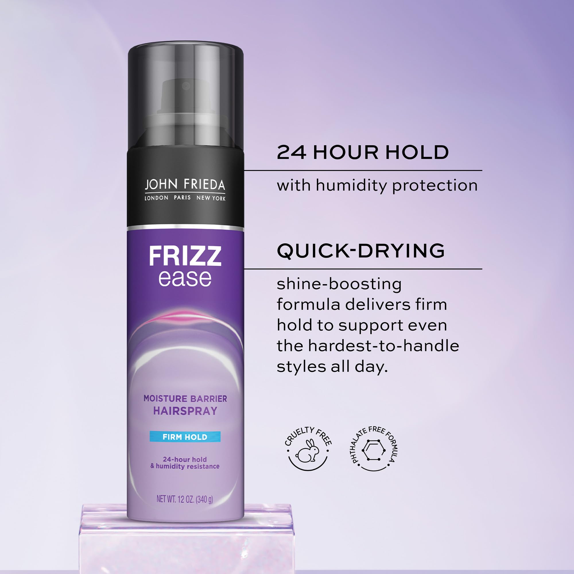 John Frieda Frizz Ease Moisture Barrier Hairspray, Firm Hold Hairspray, Seals Out Moisture, Blocks Frizz, Protects Against Heat, and Keeps Hair Straight with Long-Lasting Hold, 12 Oz, Pack of 2