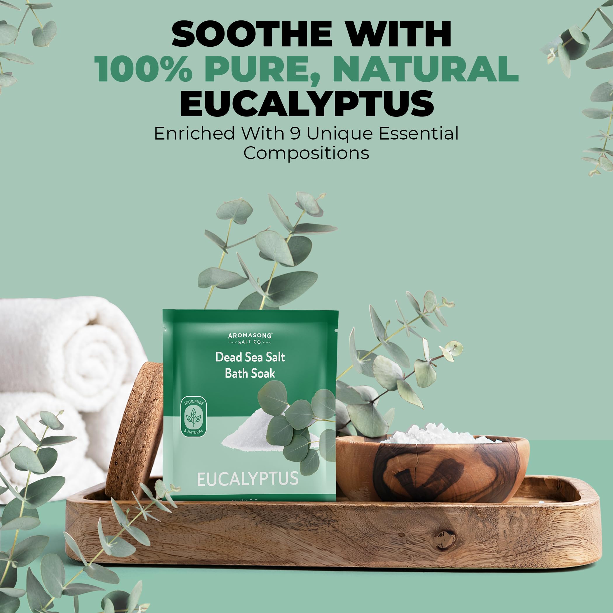 Aromasong Tea Tree Foot Soak 14 oz & Eucalyptus Dead Sea Salt Bath Soak 2.5 oz – Natural Bundle for Tired Feet, Muscle Relief, Odor Control & Refreshing Home Spa Experience