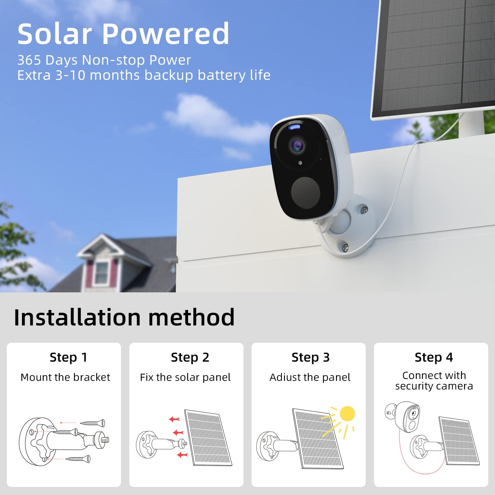 EVERSECU 2K 3MP Solar-Powered Wireless Security Camera Support Pairing Via Bluetooth, Outdoor WiFi Home CCTV Bullet Camera, Spotlight, PIR Motion Detection, 2-Way Audio, Night Vision, Work with Alexa