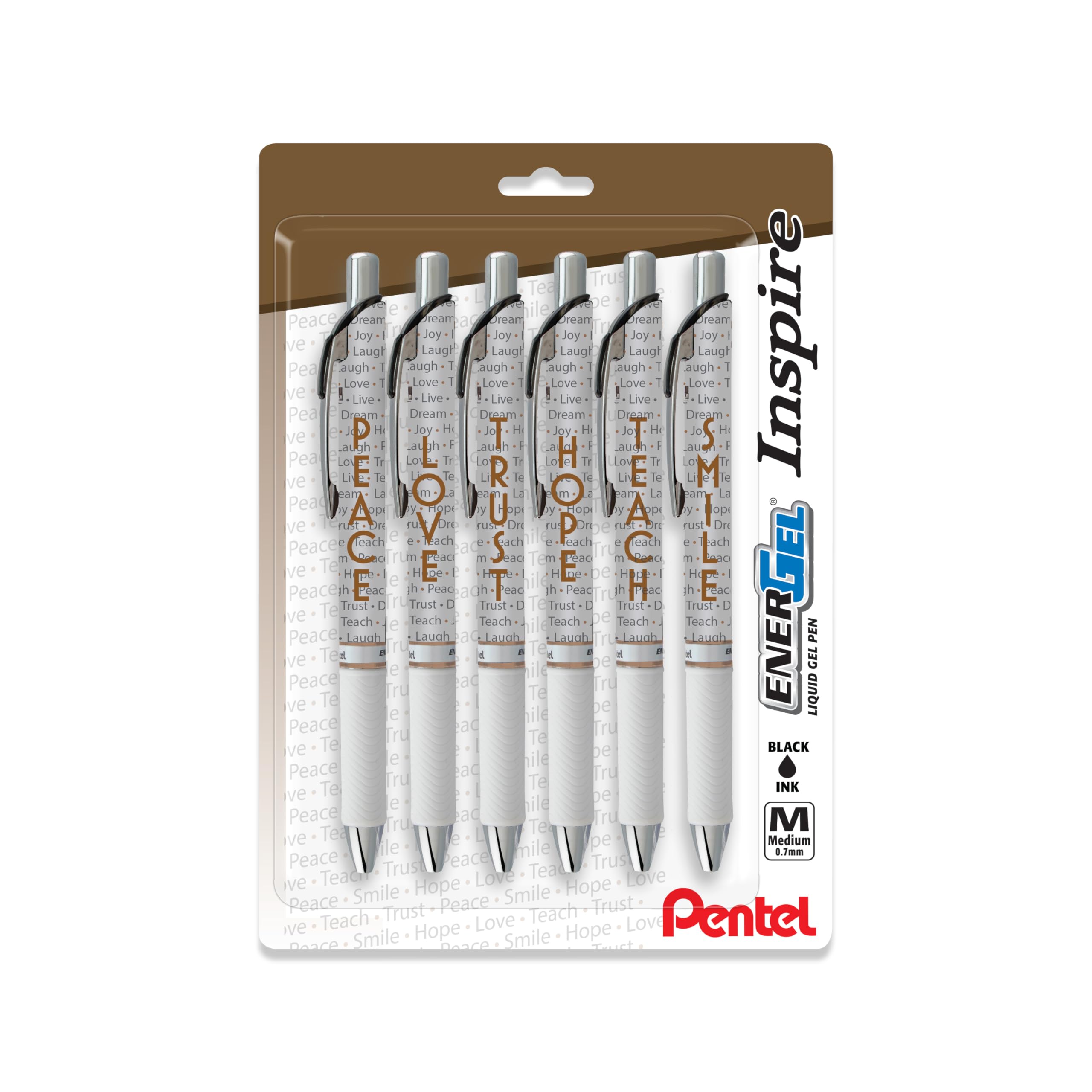 Pentel® EnerGel™ Inspire Pens, Medium Point, 0.7 mm, White Barrel, Black Ink, Pack Of 6 Pens