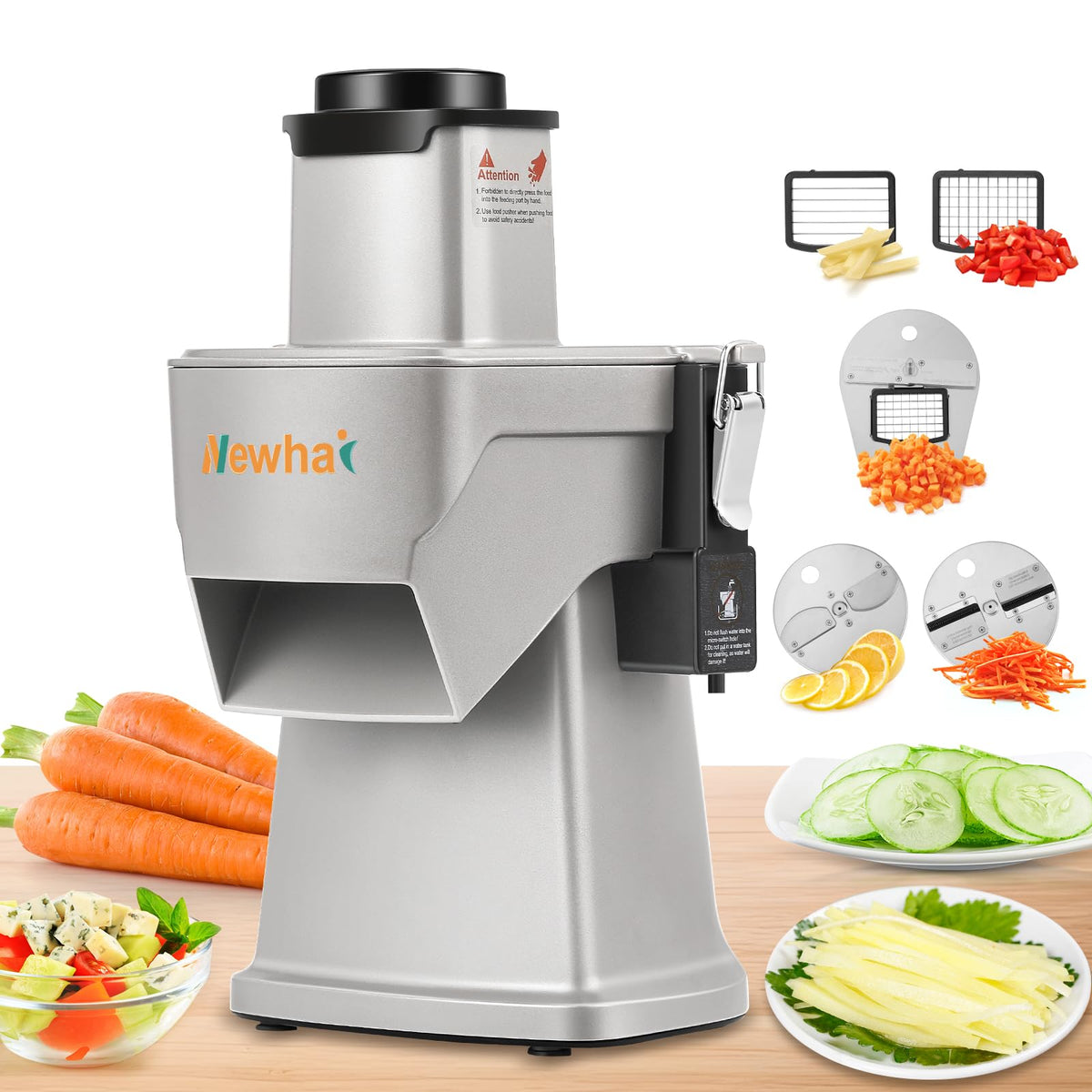 Newhai 4 in 1 Commercial Vegetable Chopper Multifunctional Automatic Dicer Slicer Shredder Strip Cutter for Onion Potato Cabbage Veggie & Fruit Processor with Multi Blades 200W 110V