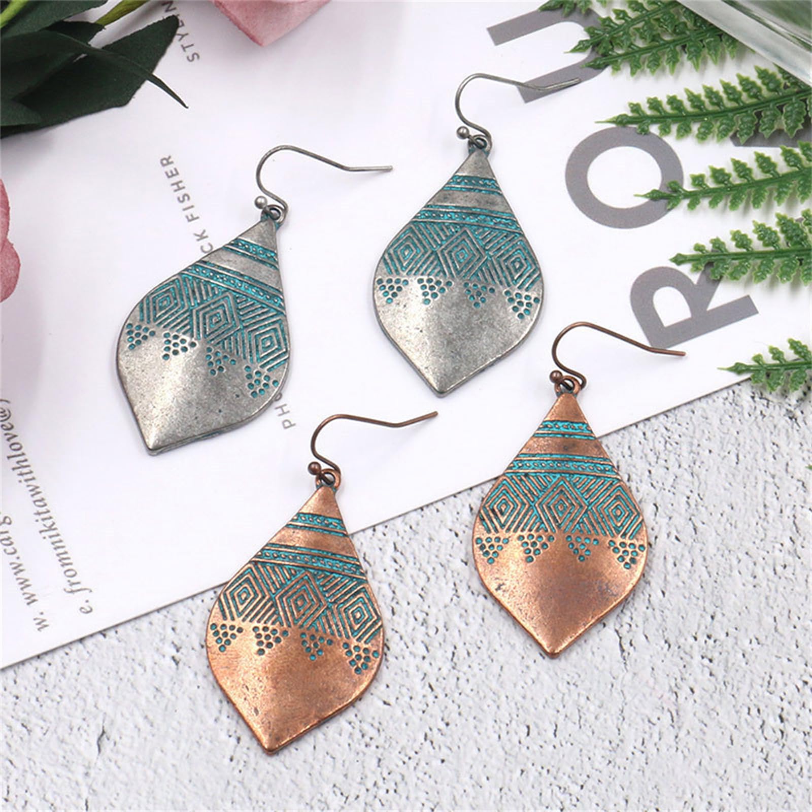 MALOYANVE Bohemian Hammered & Engraved Silver Earrings for Women Unique Handmade Vintage Boho Carved Texture Pattern Dangle Drop Teardrop Earrings Fashion Hippie Jewelry Gifts (Gold)