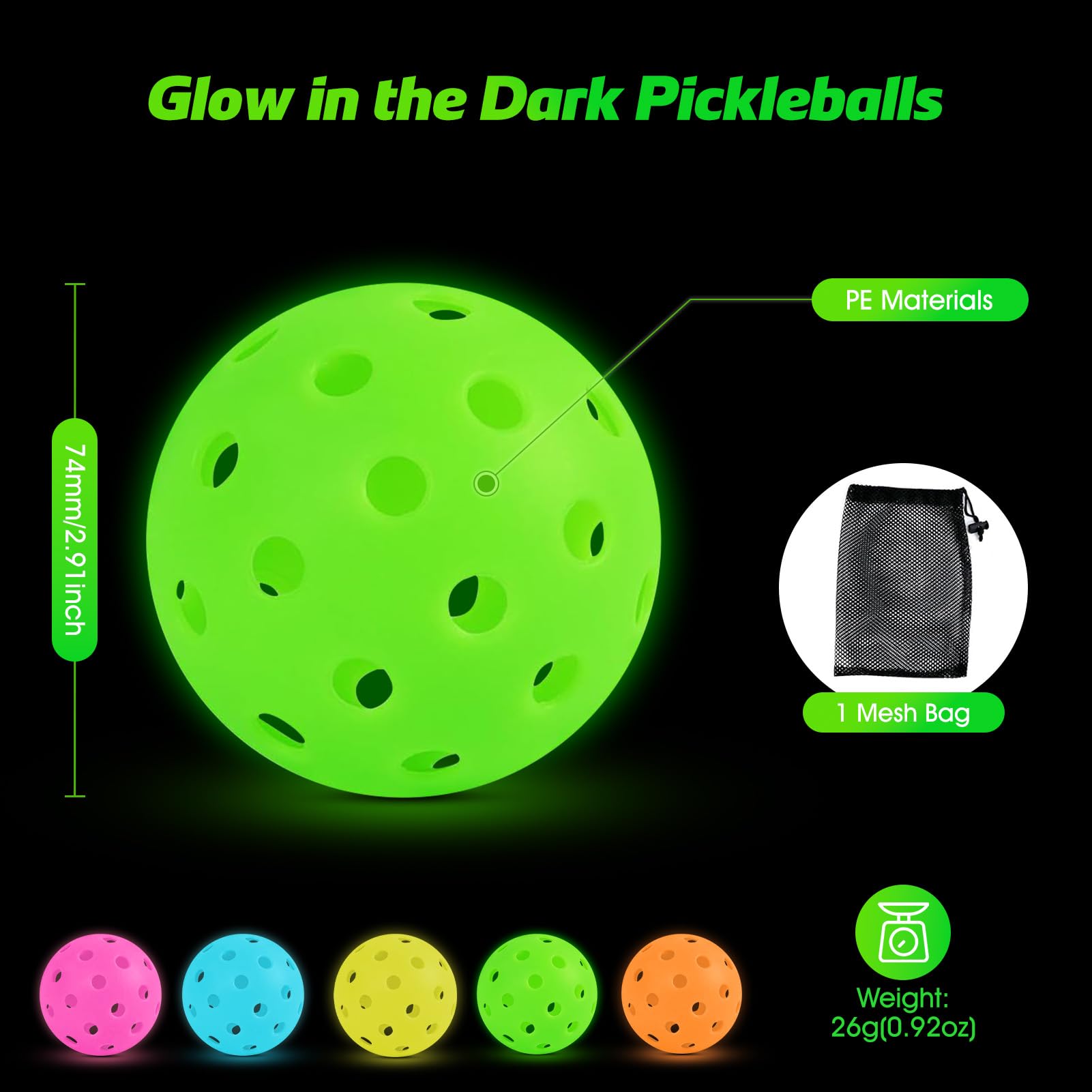 Bvdfgk Glow in The Dark Pickleballs - Light Up Pickleball Balls for Outdoor and Indoor Play, Pickle Ball with X40, Meet USAPA Requirement - 5 Pcs