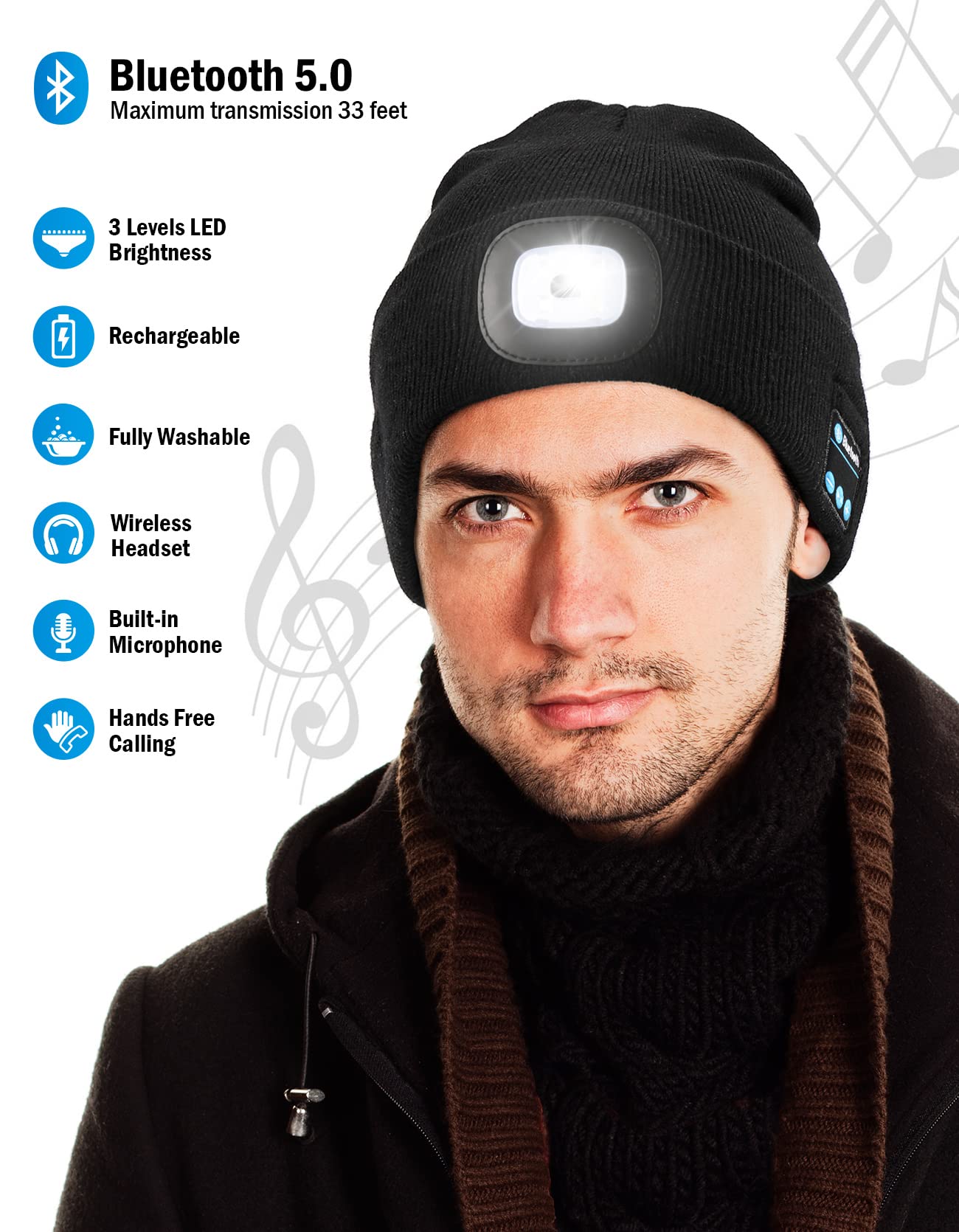 Wmcaps Bluetooth Beanie with a Light, Unisex USB Rechargeable 4 LED Fashlight Hat with Cordless Headphones, Unique Christmas Birthday Gifts for Men Him Husband Teen Black