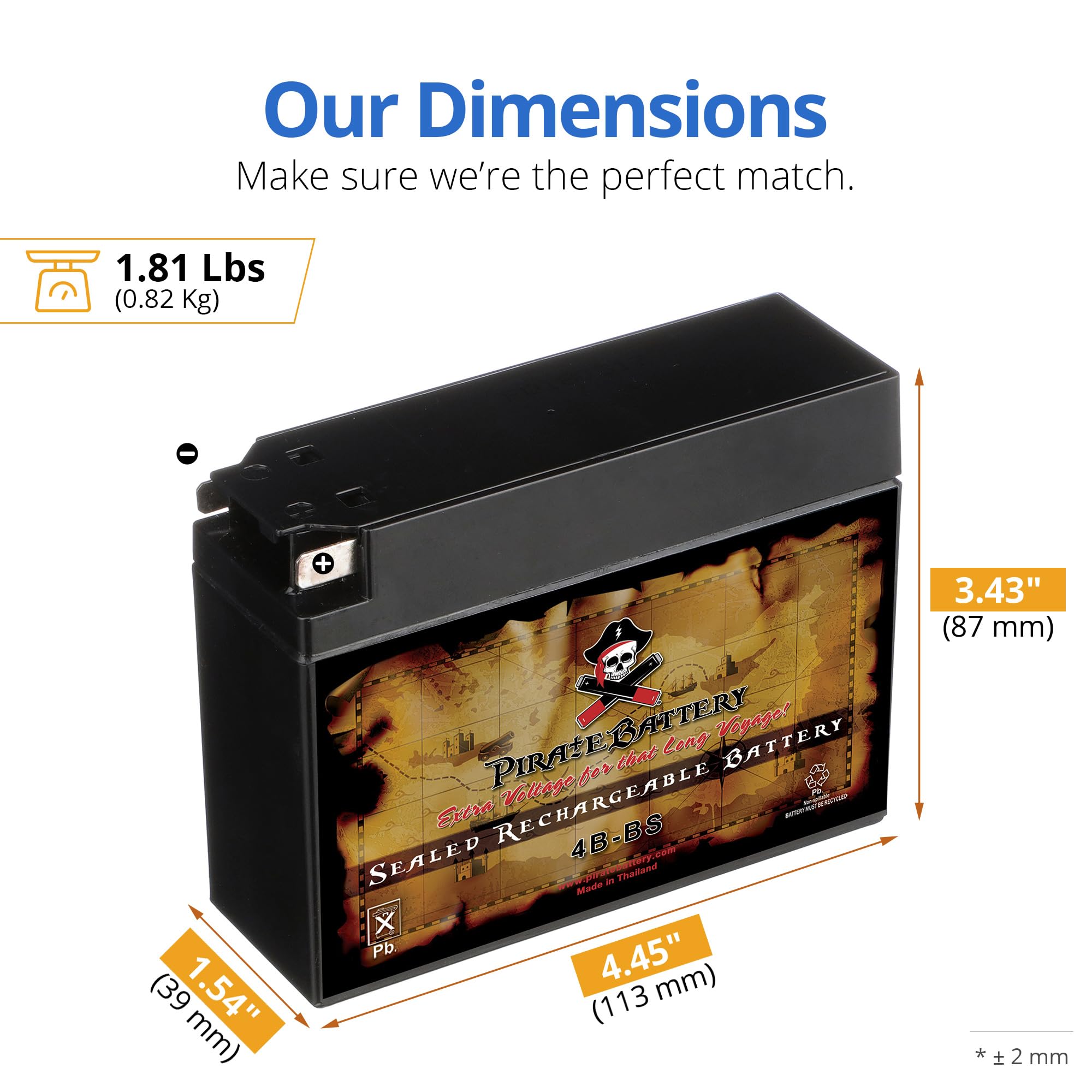 Pirate Battery YTX4B-BS 12 V 40 CCA AGM – Maintenance-Free 2 Ah Battery for Scooter, Pocket Bike, Mini ATV – Tab Terminal – Fits Yamaha Zuma 50, Honda Metropolitan, Razor Pocket Mod