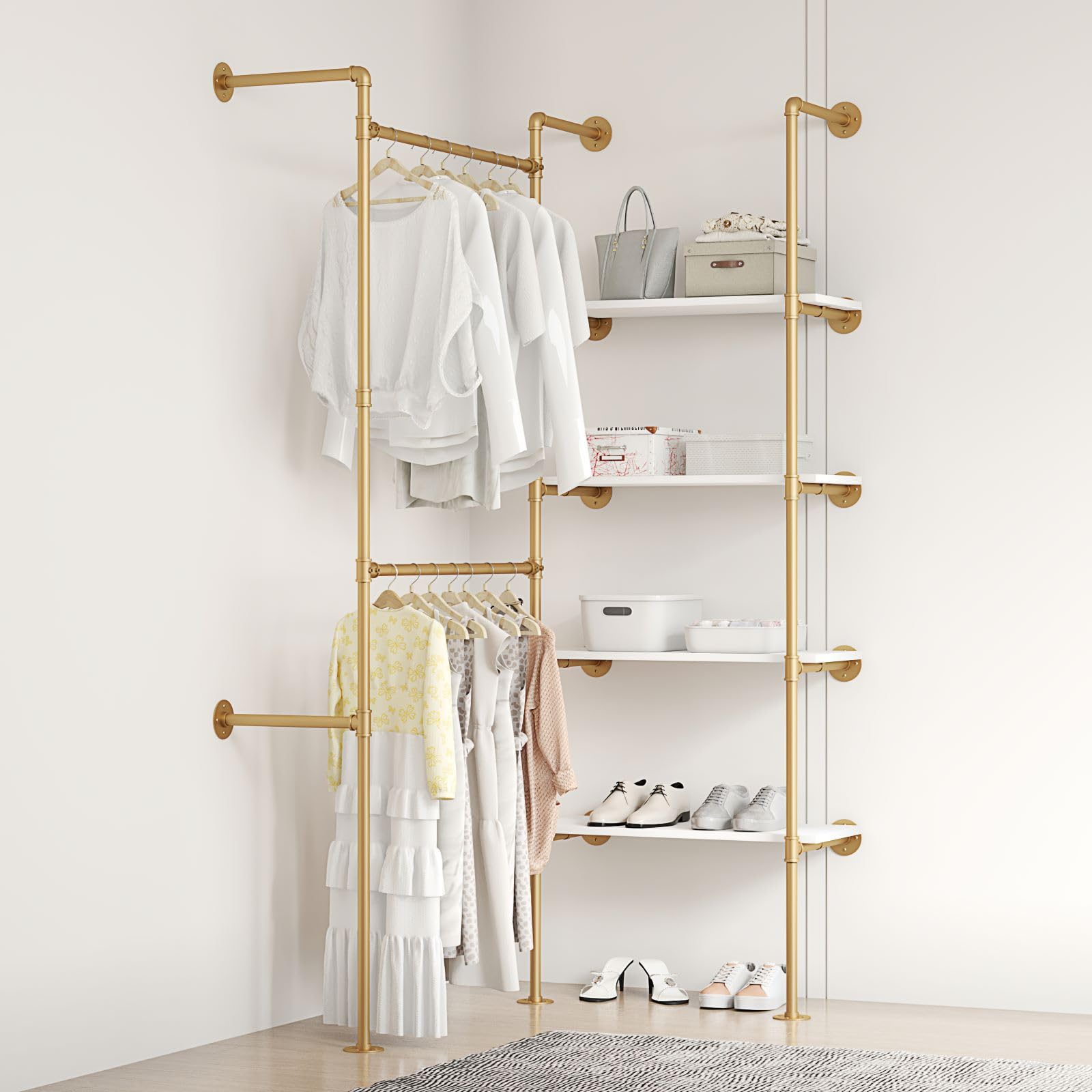 Woskar Industrial Pipe Clothing Rack, Hanging Rods Clothes Rack with Shelves, Clothes Rack for Wardrobe, Corner Closet System for Walk in Closets (Gold, II-4Tier)