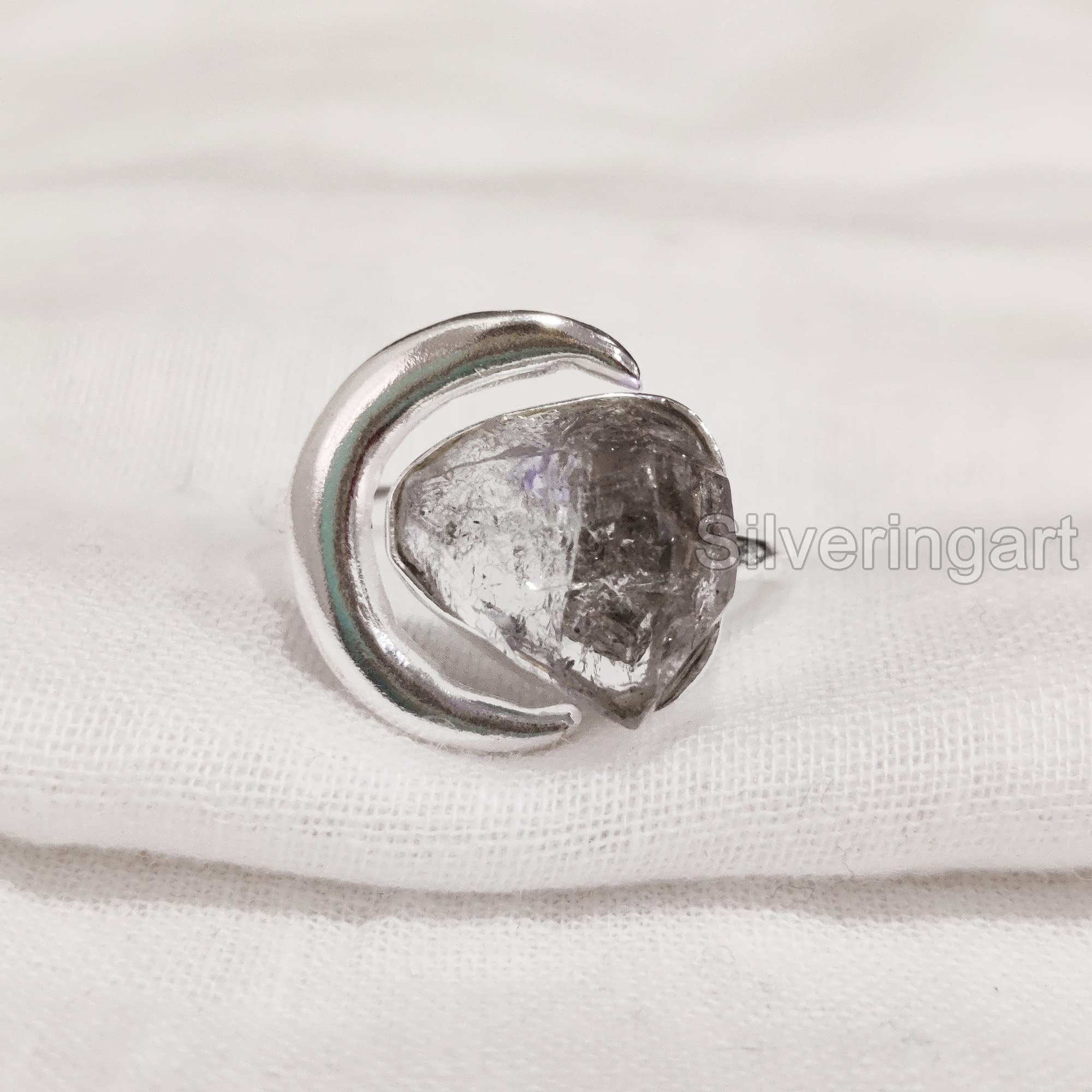 Natural Herkimer Diamond Ring, Raw Herkimer Diamond Ring, Crescent Moon Adjustable Ring, 925 Sterling Silver, Womens Ring, Christmas, Handmade, Statement Jewelry, Rough Gemstone Jewelry (6)