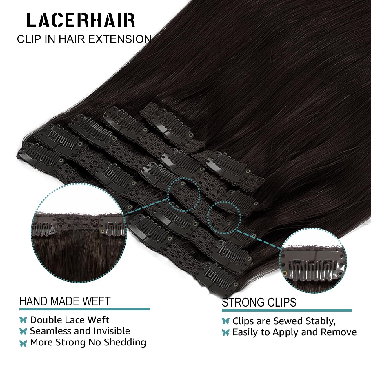 Lacer Brown Hair Extensions Clip in Human Hair 120g 7 pcs Double Weft Straight Lace Clip in Hair Extensions in Darkest Brown #2 14 Inch Full Head Set Clip Ins