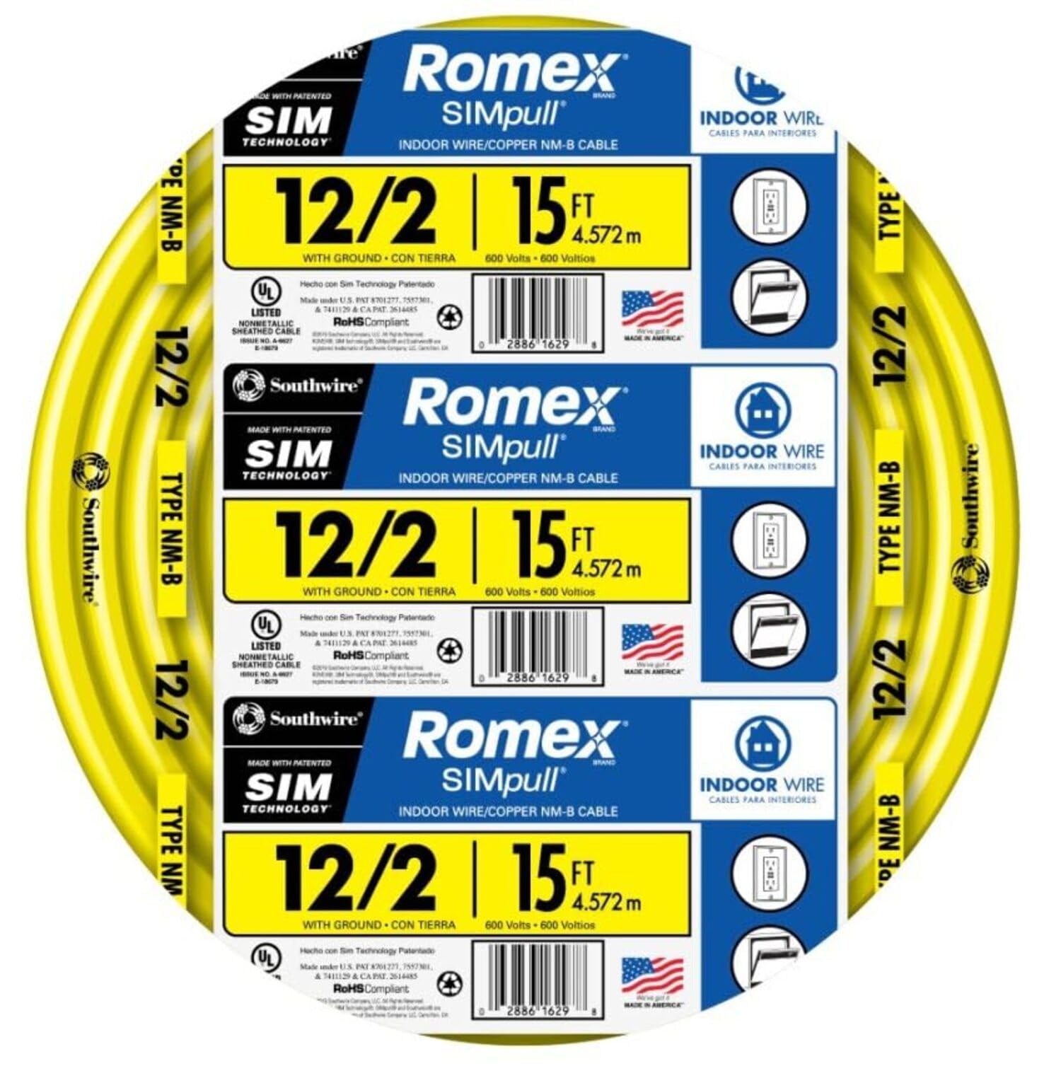 Southwire Romex Brand Simpull Solid Indoor 12/2 W/G NMB Cable 15ft Coil-SW# 28828226