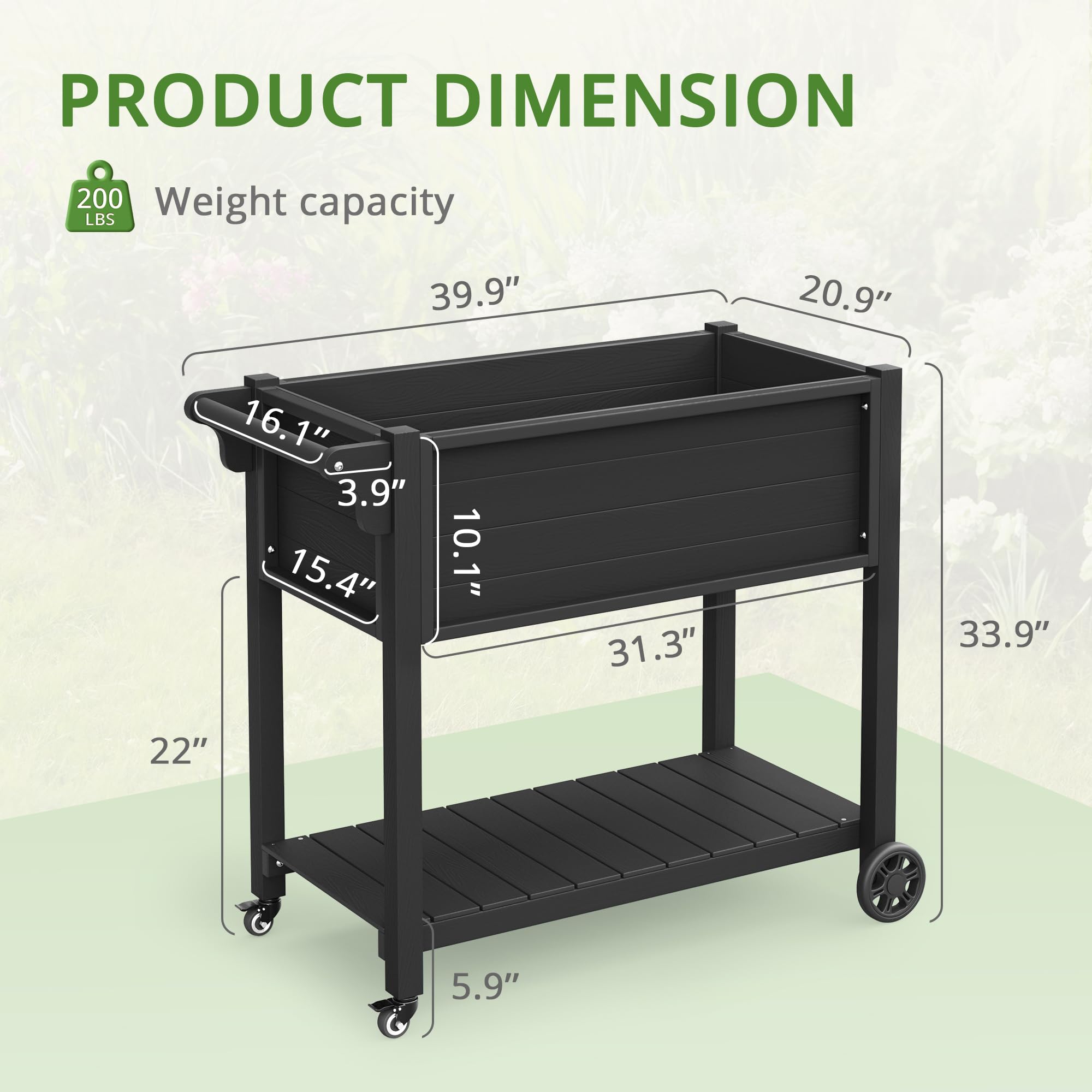 LUE BONA Raised Garden Beds Outdoor, 40 x 21 x 34 in, Raised Garden Bed with Wheels Lockable & Handlebar, Raised Garden Bed with Legs, HDPS Weather Resistant Herb Garden Planter Outdoor, Black