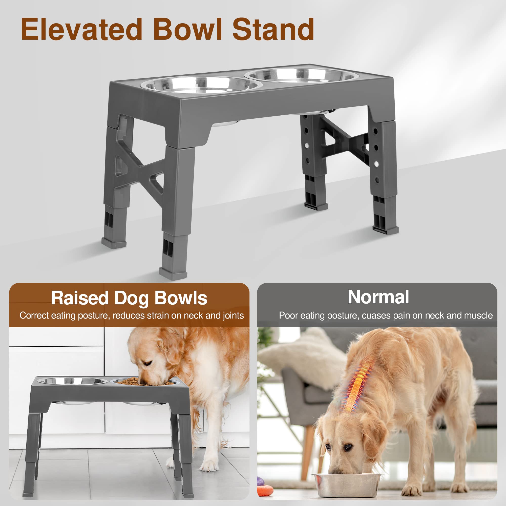 Elevated Dog Bowls, 5 Adjustable Heights Raised Dog Bowl Stand with Double Stainless Steel Dog Food Bowls, Adjusts to Heights 3.2", 8.7", 9.8", 11", 12.2" for Small Medium Large Pets Dogs and Cats