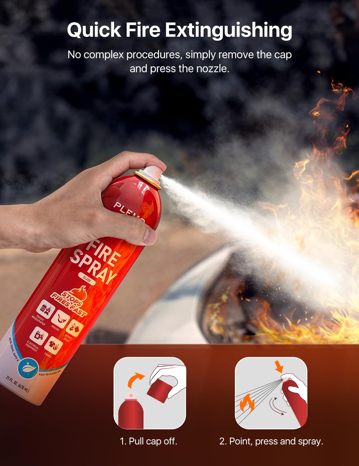 PLEMO Fire Extinguisher for Home, 5-in-1 Small Fire Extinguisher for Kitchens, Vehicles, Cars, RVs, Garages, Trucks, Camping, Cold-Resistant Fire Spray, Model SL620, 1-Pack