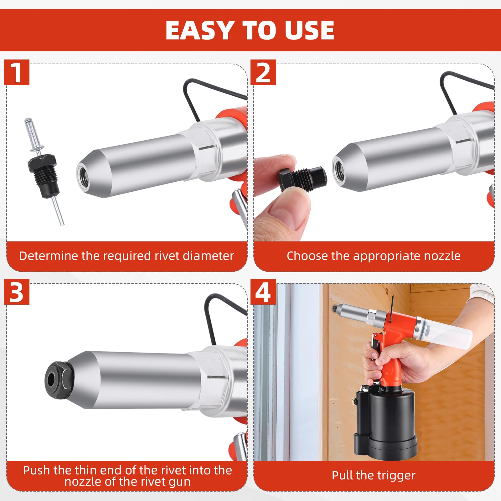 8MILELAKE Pneumatic Pop Rivet Gun Air Riveter Tool Heavy Duty Riveting Machine with 5 Sizes Nosepieces and 3 Claw Clips