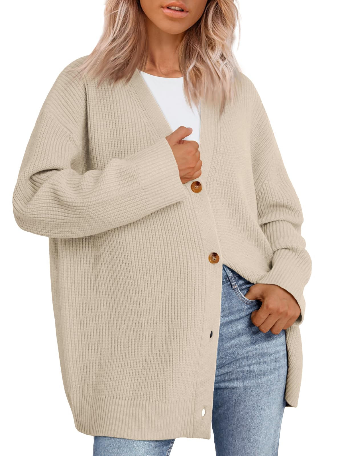 LILLUSORY Women Oversized Cardigan Sweater 2025 Fall Outfits Cloth Fashion V Neck Knit Button Front Casual Trendy Tops Apricot Medium