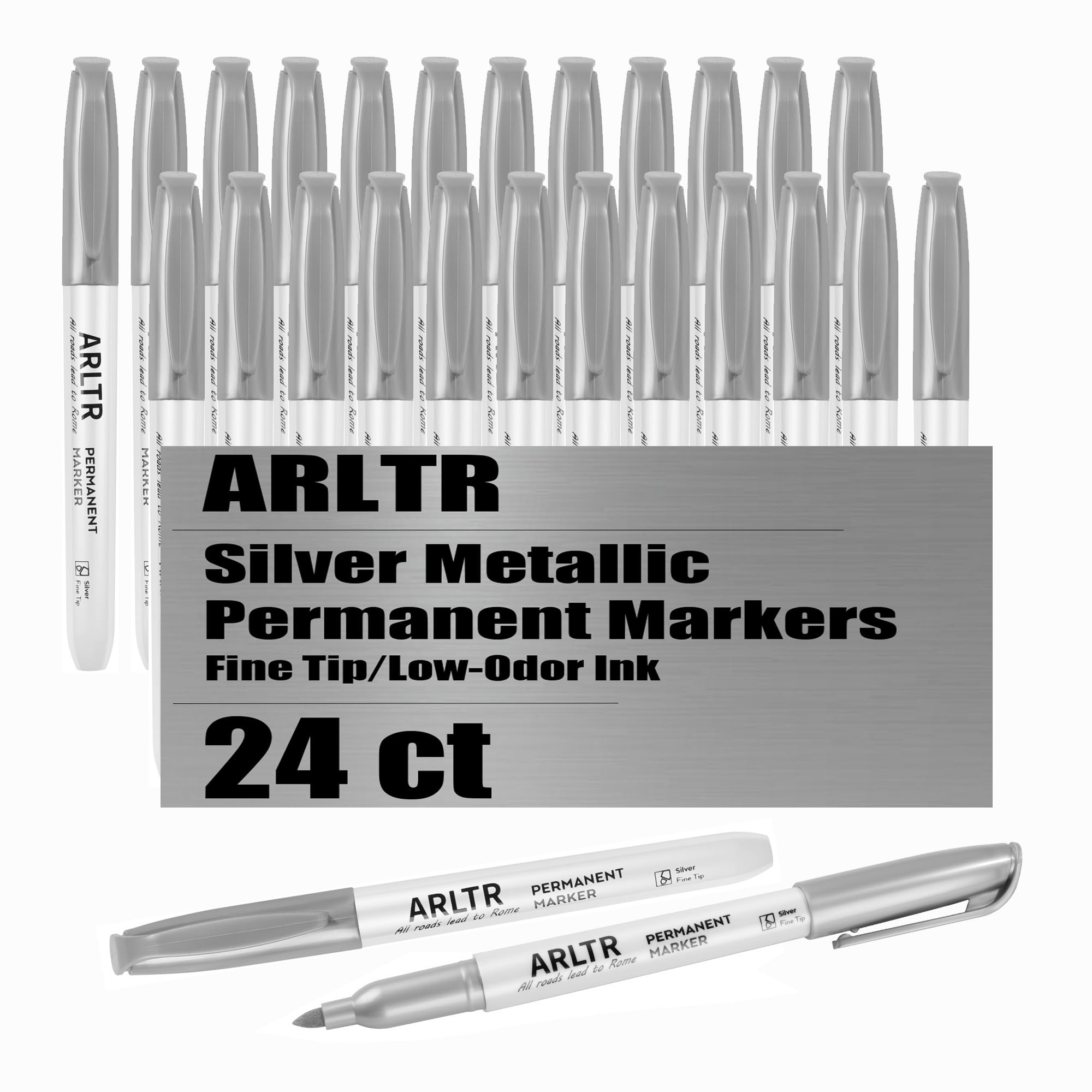 ARLTR Silver Metallic Permanent Markers, 24 Pack Silver Metallic Marker Pens for Artist Illustration, Industrial Marking, DIY Crafts, Gift Card Making
