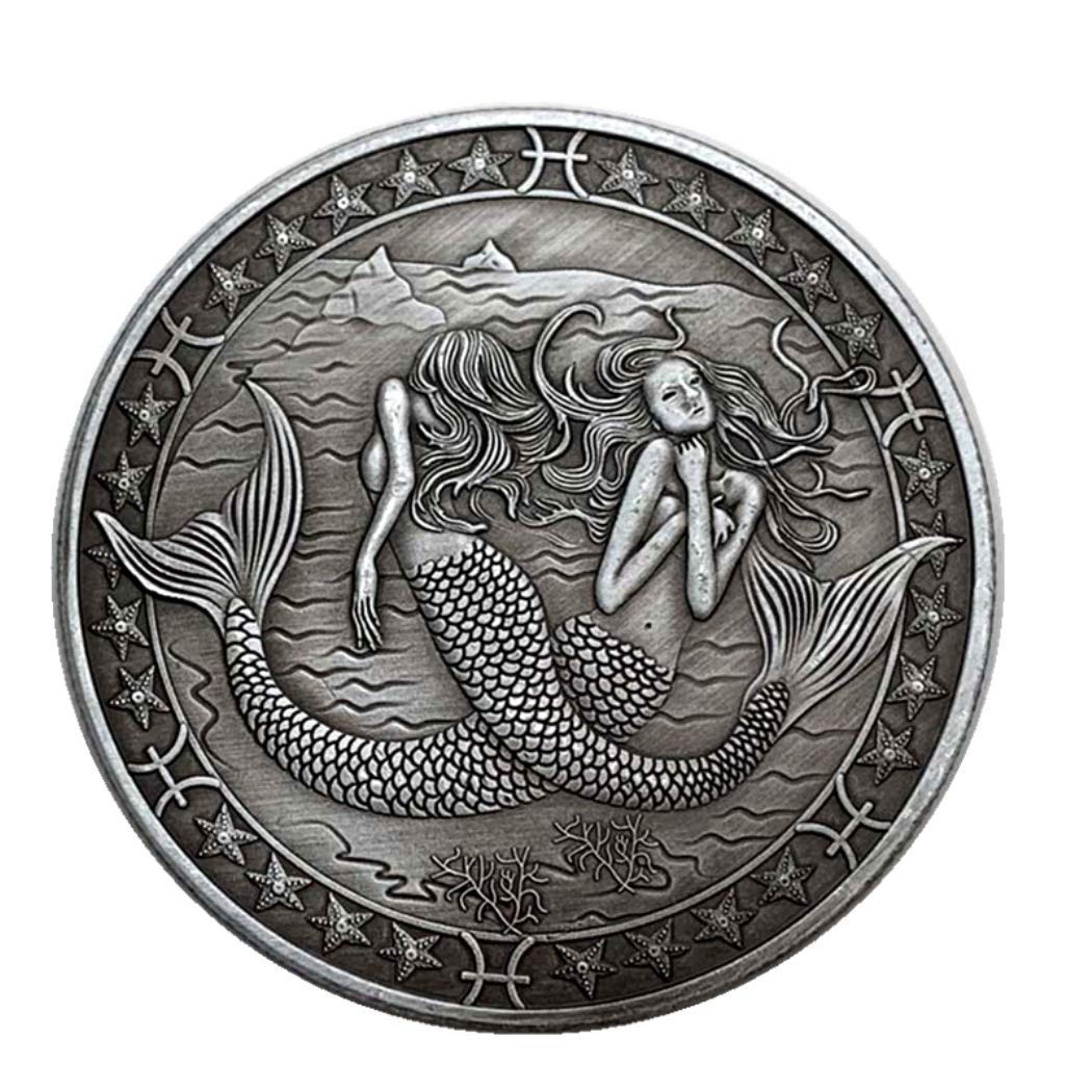 WaNana Constellation Copper Plated Silver Relief Coins Box-Commemorative Antique Lucky Silver Coins Love Mermaid Sun God Coins Pisces