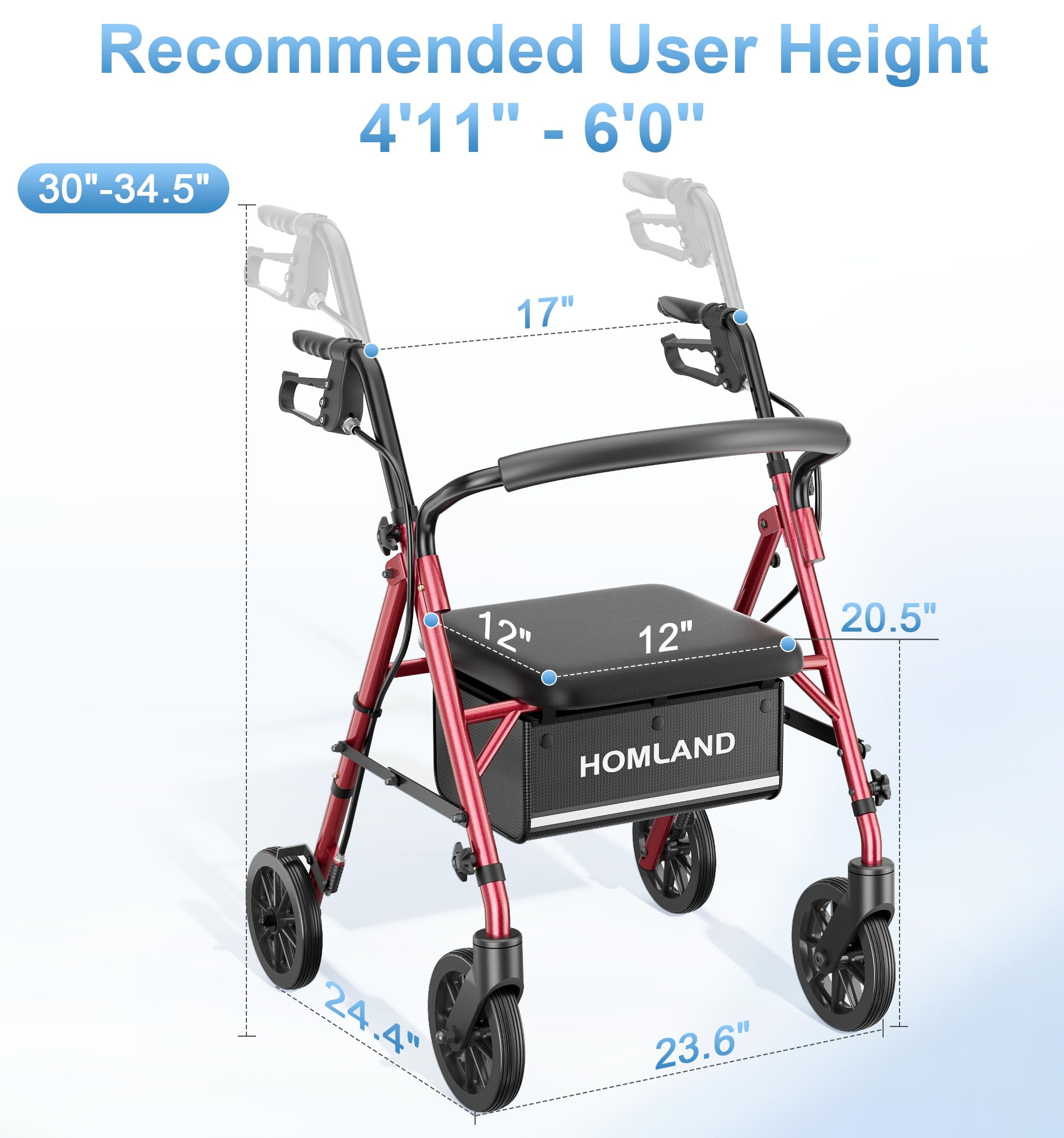 16 Pounds Lightweight Walkers for Seniors with Seat, Narrow Rolling Walker with 4 Puncture-Resistant Wheels, 5-Level Height Adjustable, 300 lbs Weight Capacity (Red)