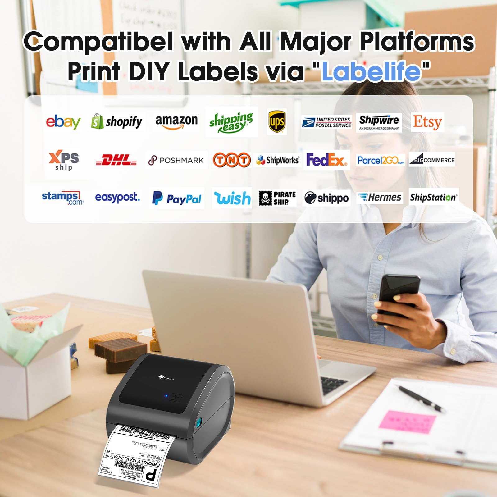 Phomemo Bluetooth Shipping Label Printer- D520BT Thermal Printer 4x6 Label Printer for Small Business, Shipping Packages, Barcode, Compatible with Phone and PC