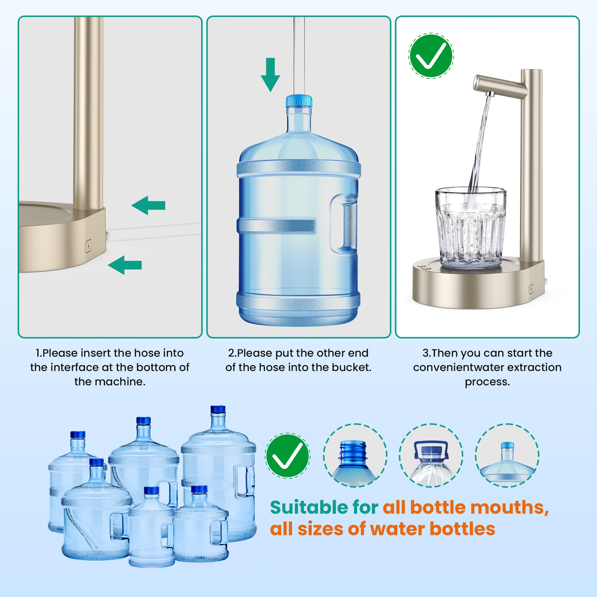 Water Dispenser - Desktop Water Dispenser for 5 Gallon Bottle, Smart Table Water Pump with 7 Level Quantitative Portable Detachable Type-C Charging, Application Home, Office, Camping, Travel (Gold)