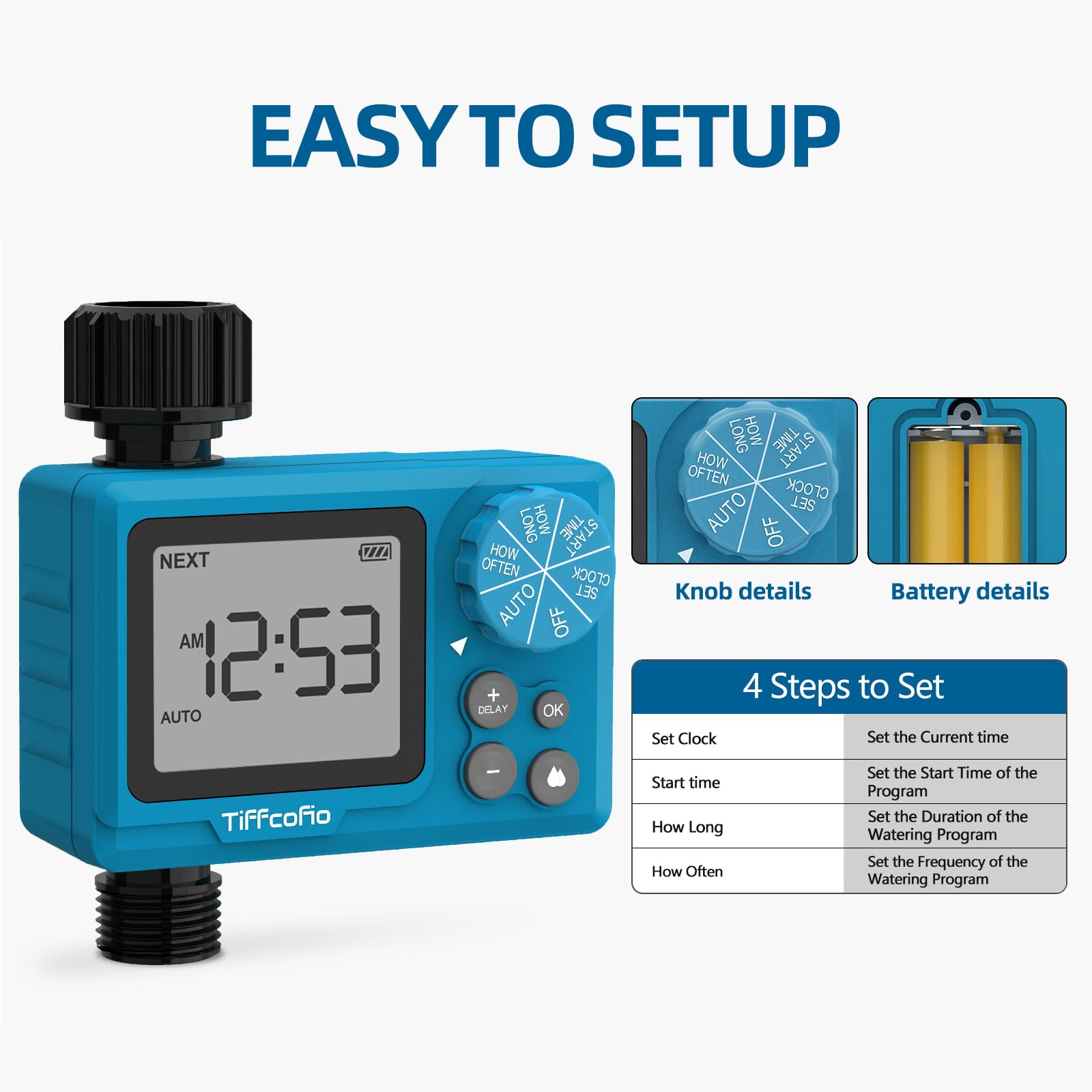 Tiffcofio Sprinkler Timer Outdoor, Digital Pogrammable Water Timer for Garden Hose, Irrigrtion Timer with Rain Delay and Manual Mode