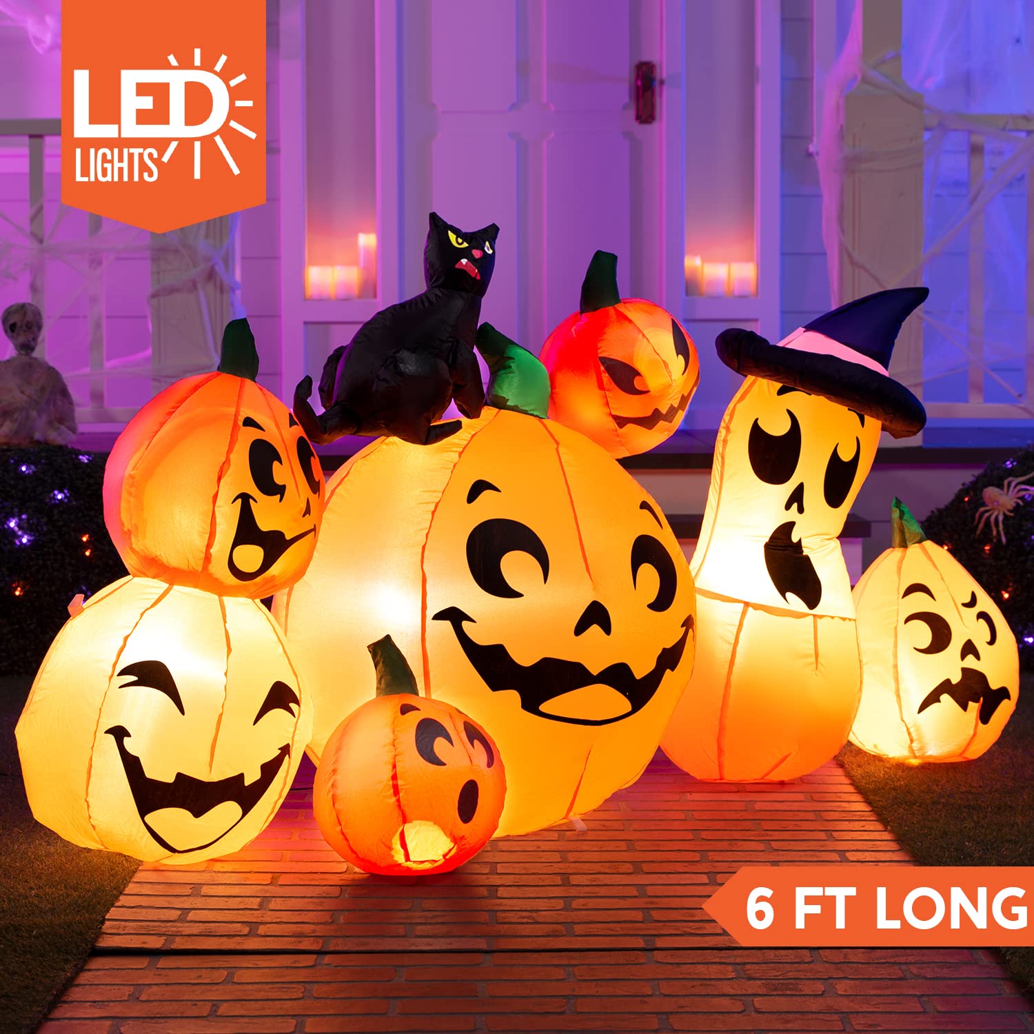 Joiedomi 6 FT Long Halloween Inflatable Outdoor Decorations, Pumpkin Blow Up Halloween Yard Decorations, 7 Pcs Inflatable Pumpkin for Outside with Witch's Cat with Build-in LEDs for Halloween Decor