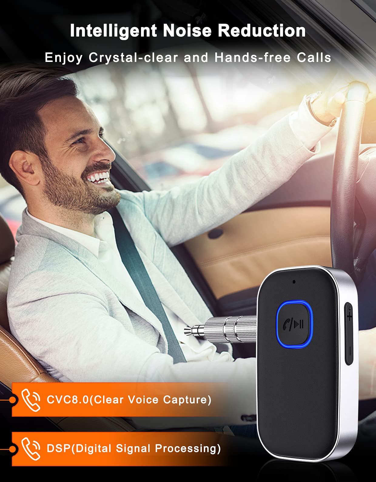 COMSOON Bluetooth Receiver for Car, Noise Cancelling 3.5mm AUX Bluetooth Car Adapter, Wireless Audio Receiver for Home Stereo/Wired Headphones, Hands-Free Call, 16H Battery Life - Black+Silver