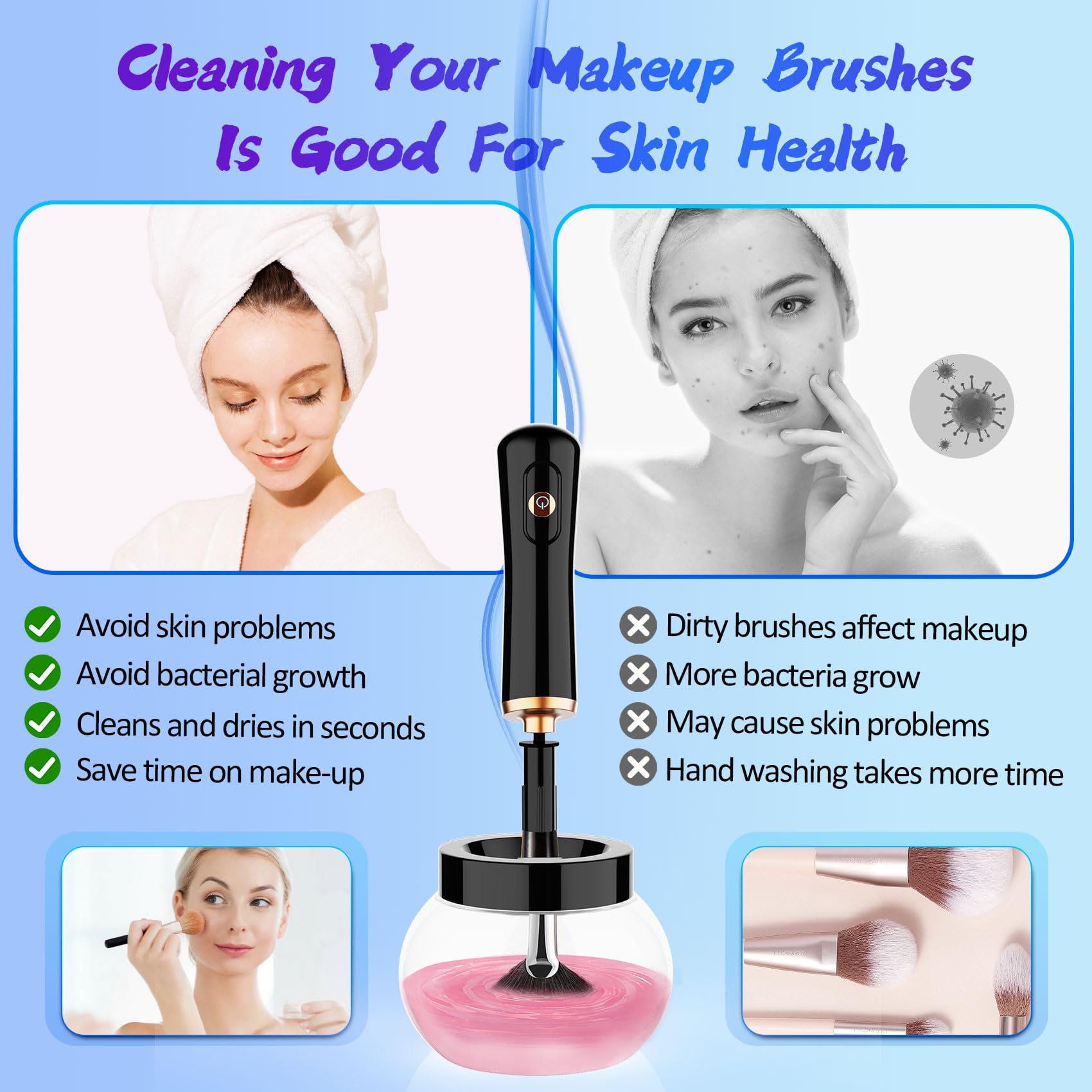 Makeup Brush Cleaner and Dryer Machine,Fast Electric Makeup Brush Cleaner Machine Automatic Brush Cleaner Spinner,Deep Cosmetic Brush Spinner for Brushes，Suit for Most Makeup Brush Sizes