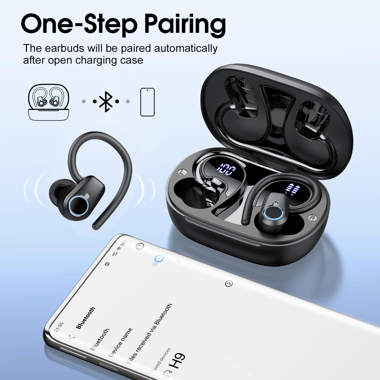 Wireless Earbuds, 2025 Ear Buds Bluetooth 5.3 Headphones Sport, 50H Playtime Bluetooth Earbuds, HD Stereo Noise Cancelling Earbuds, Dual LED Display, IP7 Waterproof Earphones Android IOS, Pitch Black