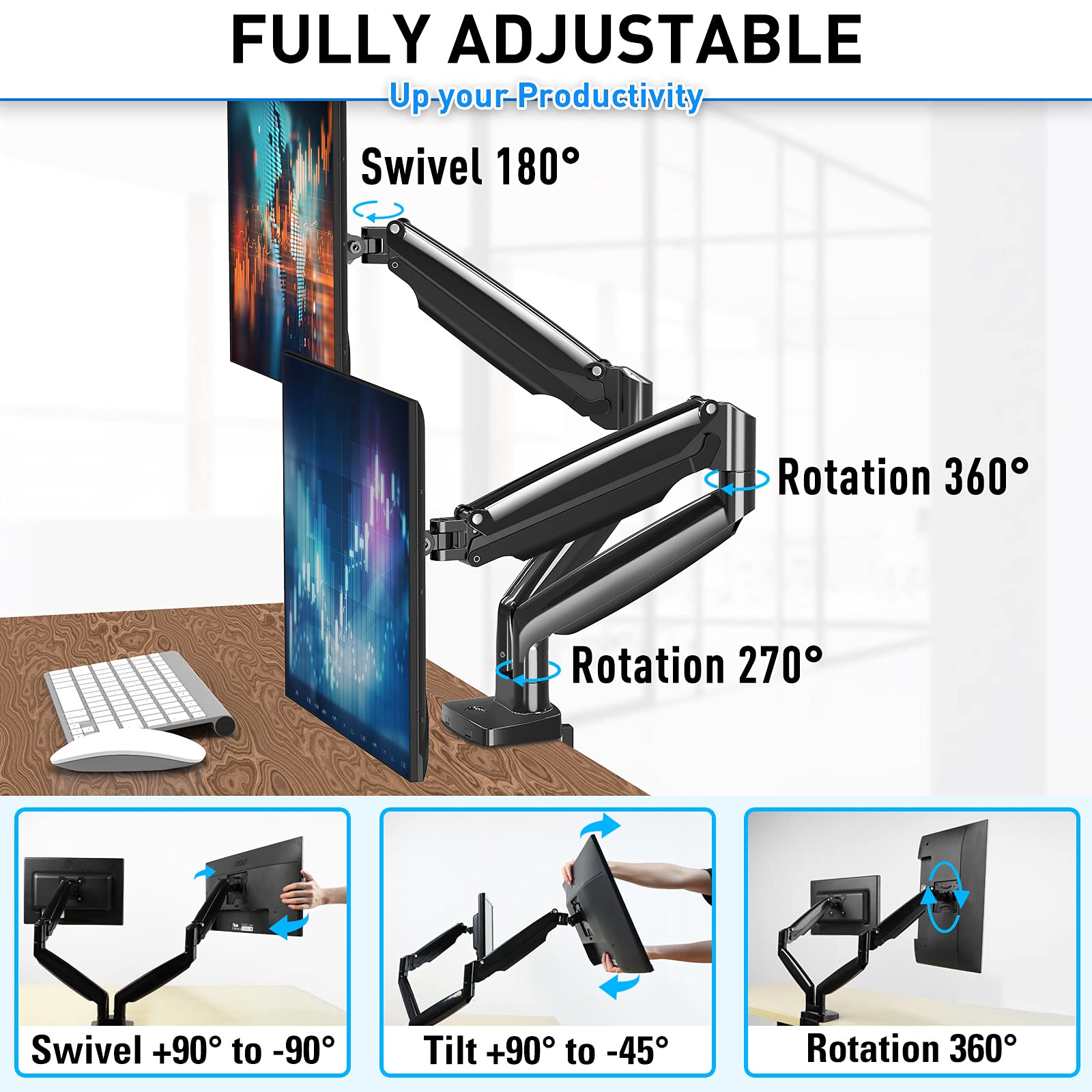 MOUNTUP Dual Monitor Mount for 2 Max 35 inch Ultrawide Screens, Hold 6.6-30.9lbs, Full Motion Gas Spring Monitor Desk Arm, Heavy Duty Dual Monitor Stand for Desk, VESA Bracket with Clamp/Grommet Base