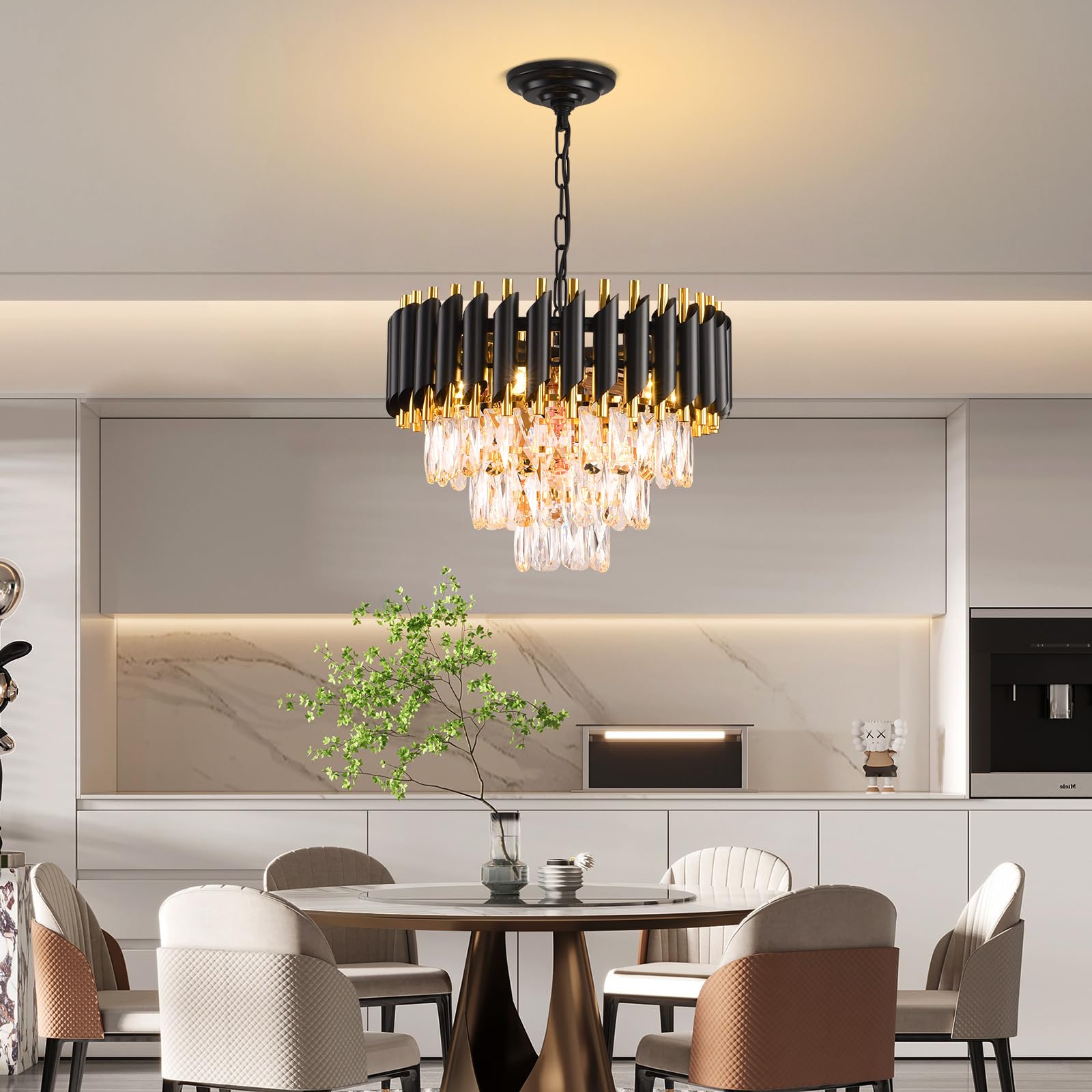 Modern Crystal Chandelier Black and Gold Chandelier 3-Tier Round Chandeliers Pendant Ceiling Light Fixture Flush Mount Chandelier for Dining Room Living Room Bedroom Foyer Hallway Entryway W16"