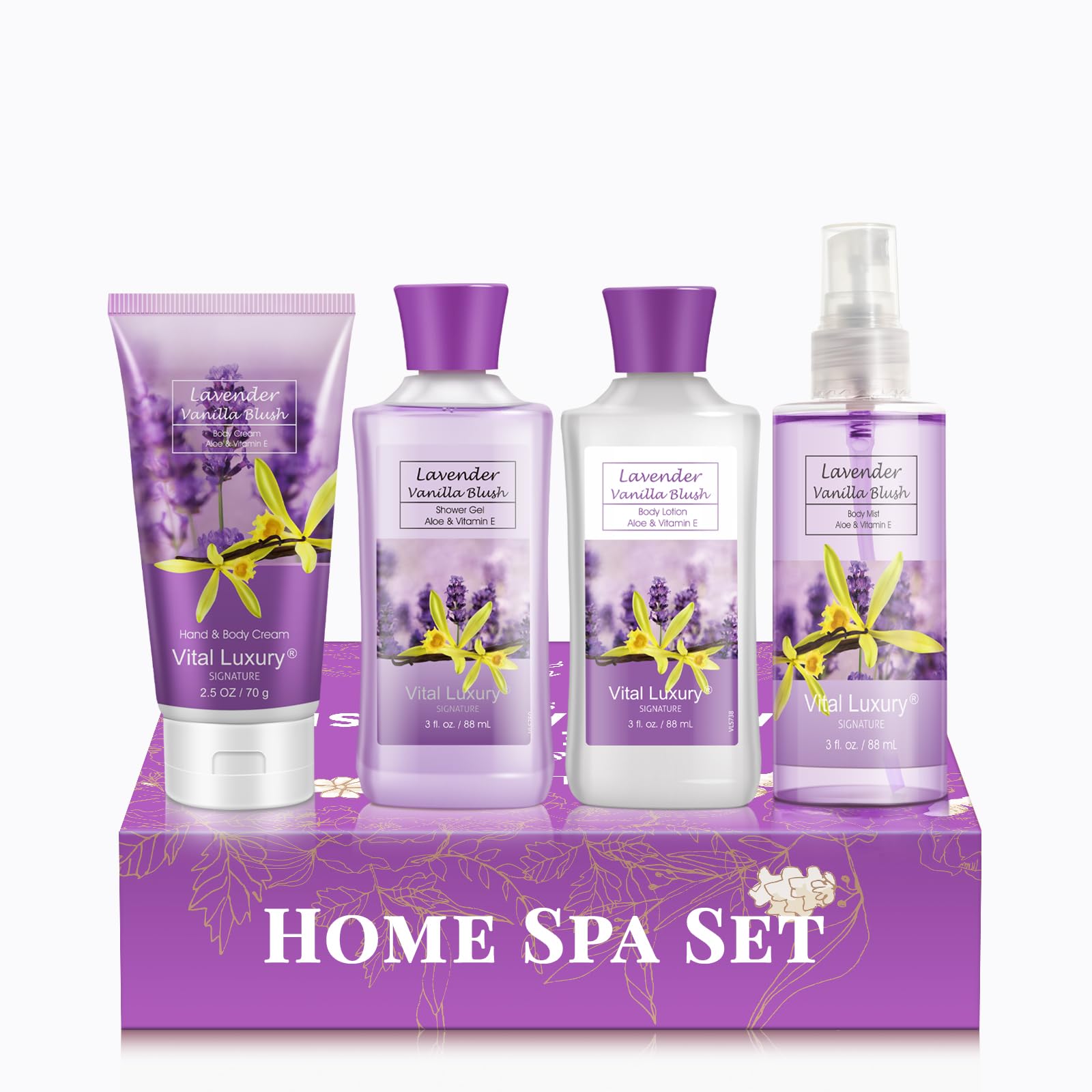 Vital Luxury Bath & Body Travel Kit - Lavender Vanilla Blush Fragrance Mist, Body Lotion, Shower Gel, and Body Cream - Ideal 3 Fl Oz Skincare Gift Set for Birthday Christmas New Year Gifts