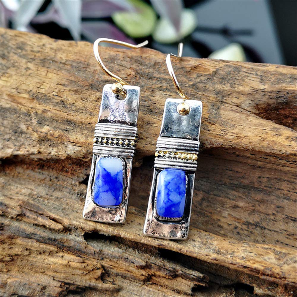 Unique Handmade Bohemian Enamel Vintage Matt Silver Bar Dangle Earrings Chic Round Blue Gemstone Geometric Square Drop Earrings for Women Statement Jewelry (Silver)