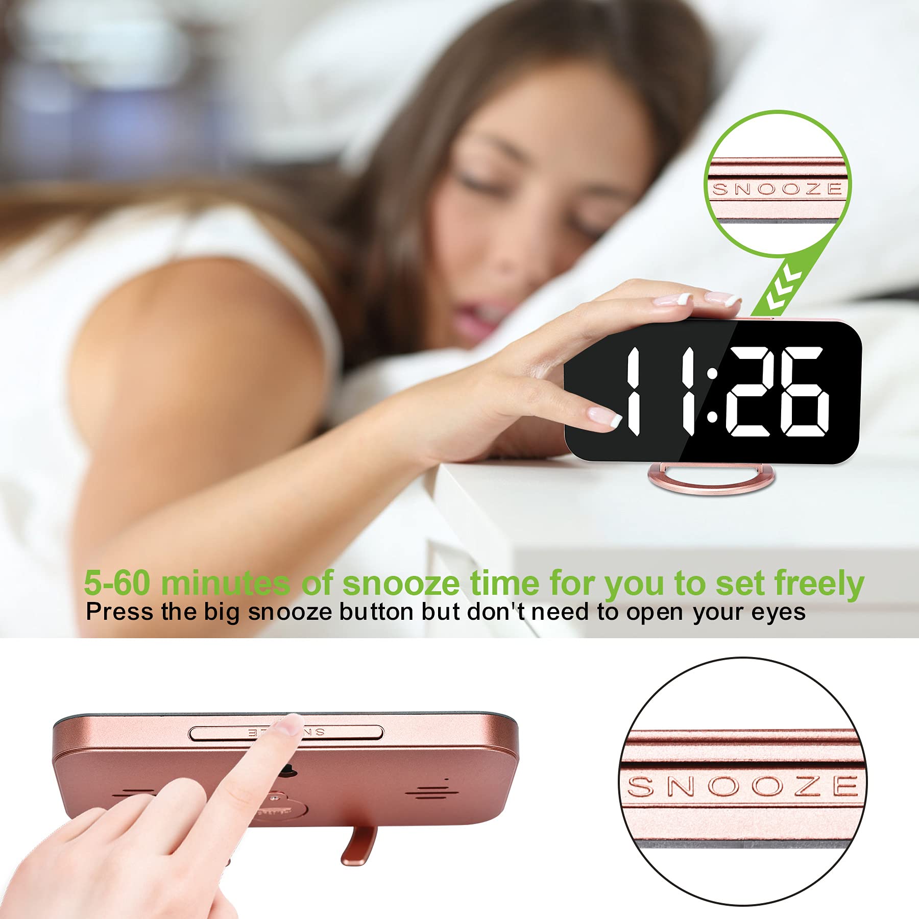 SZELAM Alarm Clock for Bedroom,LED and Mirror Digital Clock Large Display,with Dual USB Charger Ports,Auto Dim,Snooze Mode,Modern Desk/Wall Electronic Clock for Girl Woman Mom Teens - Rose Gold