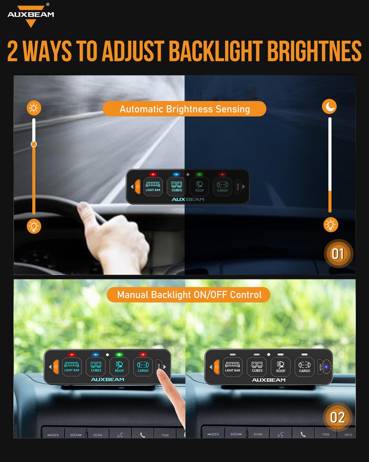 Auxbeam 4 Gang Slim Switch Panel RGB AS-R40 Automatic Dimmable Switch Panel with Toggle Momentary Pulsed Off Backlight Unique Patented Design Control Panel for Truck Offroad Boat, 2-Year Warranty