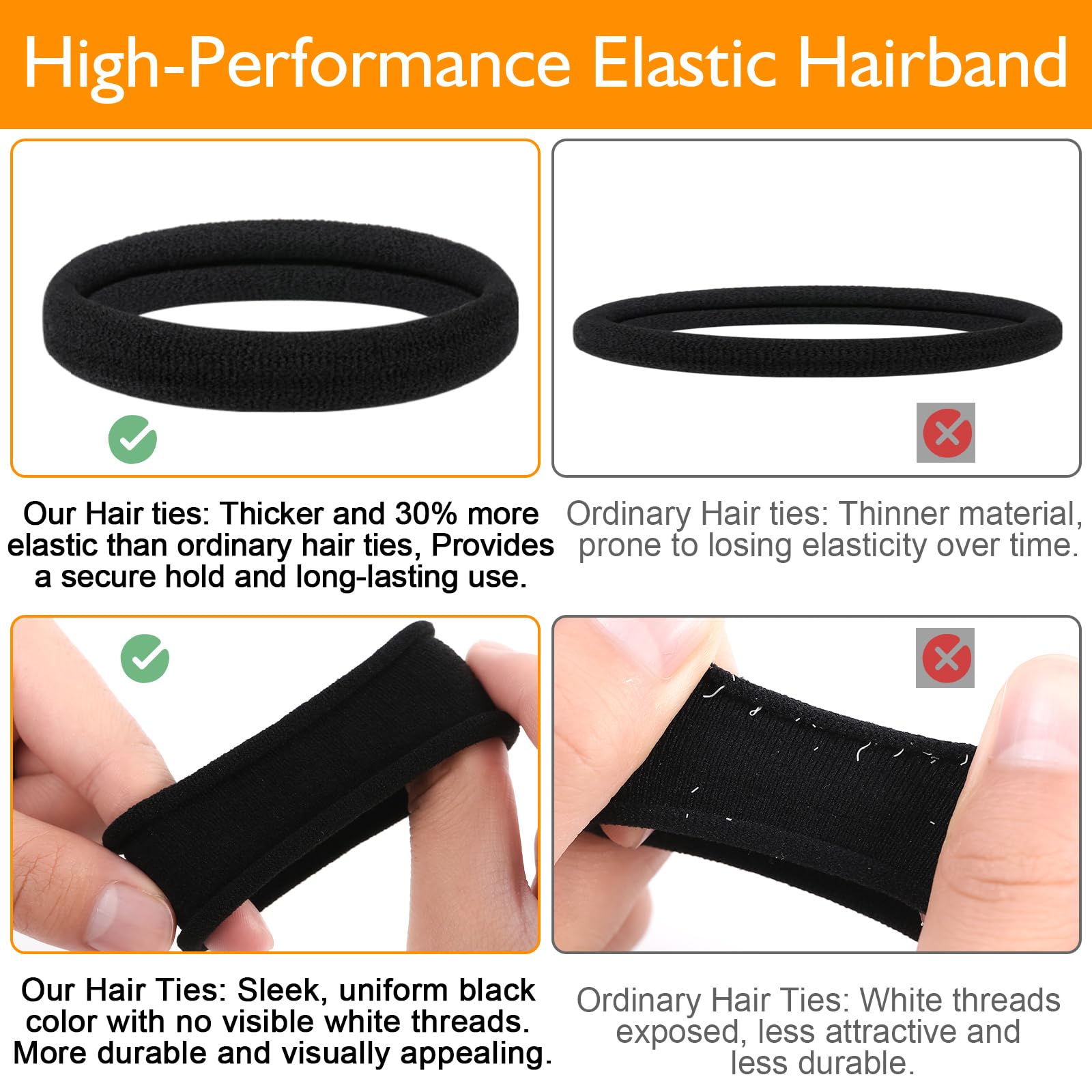 Black Hair Ties No Damage 100 Pcs Ponytail Holders Elastic Hair Ties Thick Hair Bands for Women Girls Thick Curly Hair