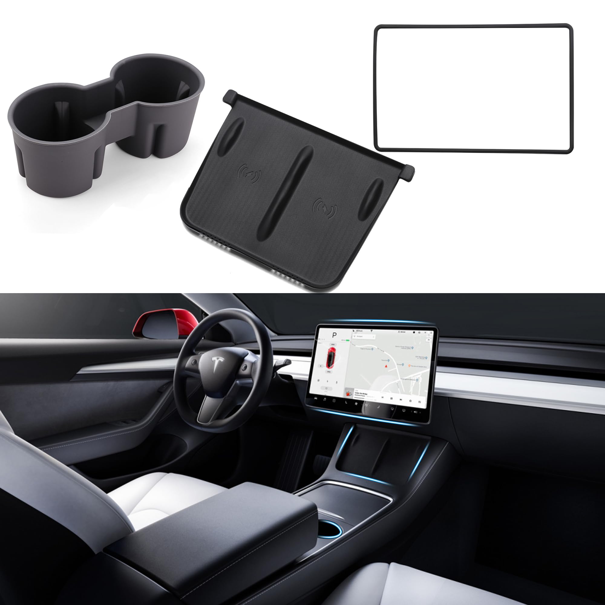 TOPABYTE 3PCS Tesla Cup Holder Insert, Screen Edge Protector Frame, Wireless Charger Mat Silicone Center Console Model 3 Model Y Accessories 2021-2023, Not for Model 3 Highland, Black